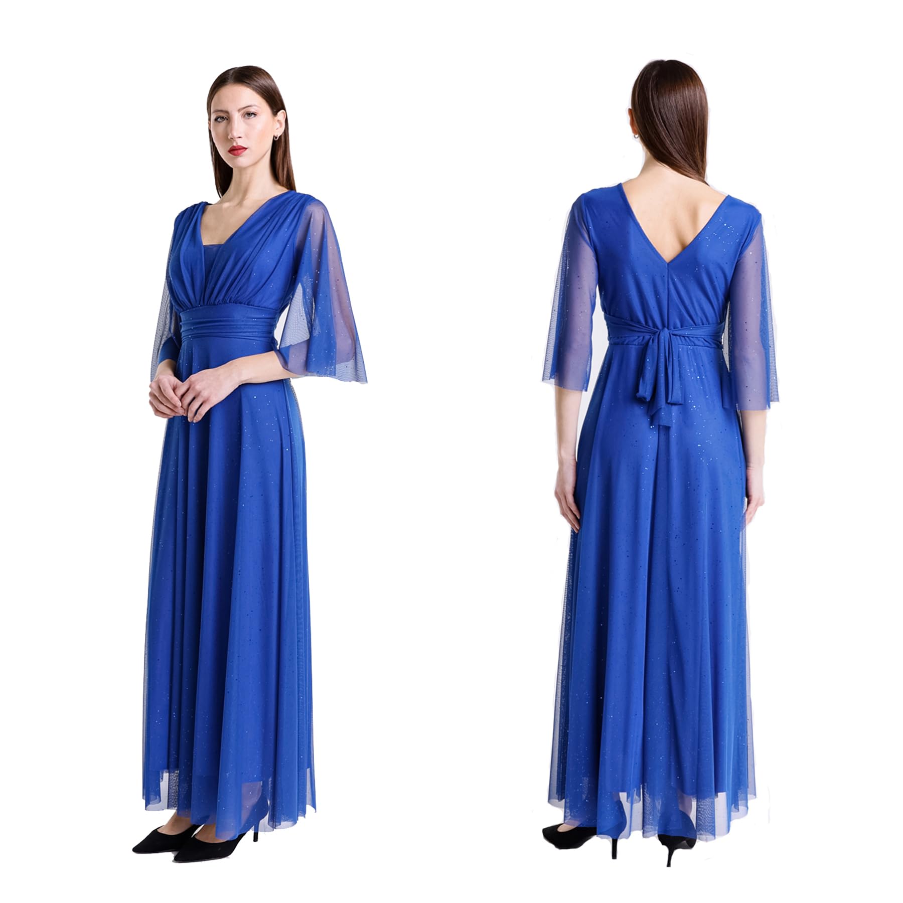Abito Lungo Elegante Donna da Cerimonia Maniche a 3/4 e Scollo a V.Ideale per Matrimoni, Eventi e Feste. – Made in Italy