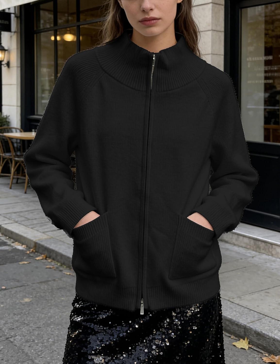 Womens Ribbed Zipper Cardigan Sweater Casual High Neck Long Sleeve Knit Jackets Tops Outwear Coat with Pockets - Image 3