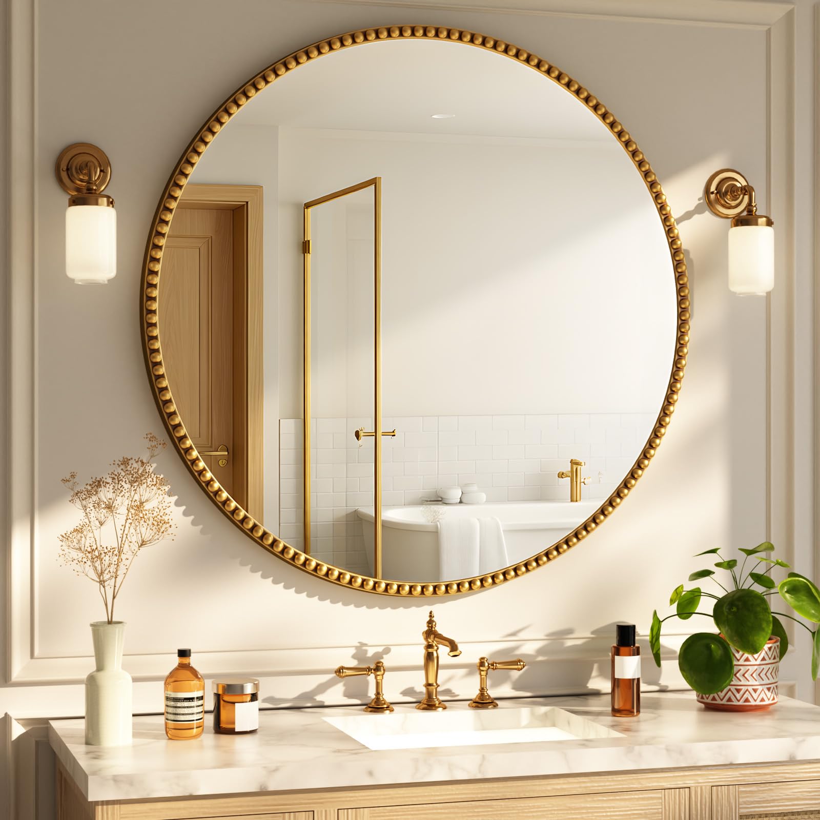 Koonmi Miroir mural rond 70 cm Petit cadre de perles en verre trempé Convient pour chambre à coucher, salle de bain, etc., Doré