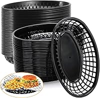 Vista 1 de Paquete de 50 cestas de plástico negro para alimentos de 9 x 5.7 pulgadas, ovaladas para freír comida rápida, cestas de plástico para perros