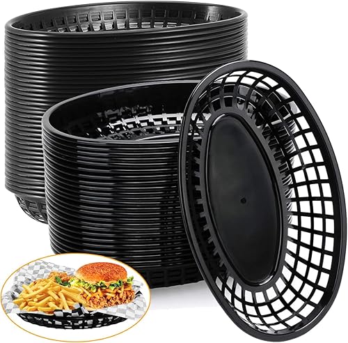 Miniatura 8 de Paquete de 50 cestas ovaladas de plástico para comida rápida, 9 x 5.7 pulgadas, canastas de plástico rojo para servir alimentos, cestas