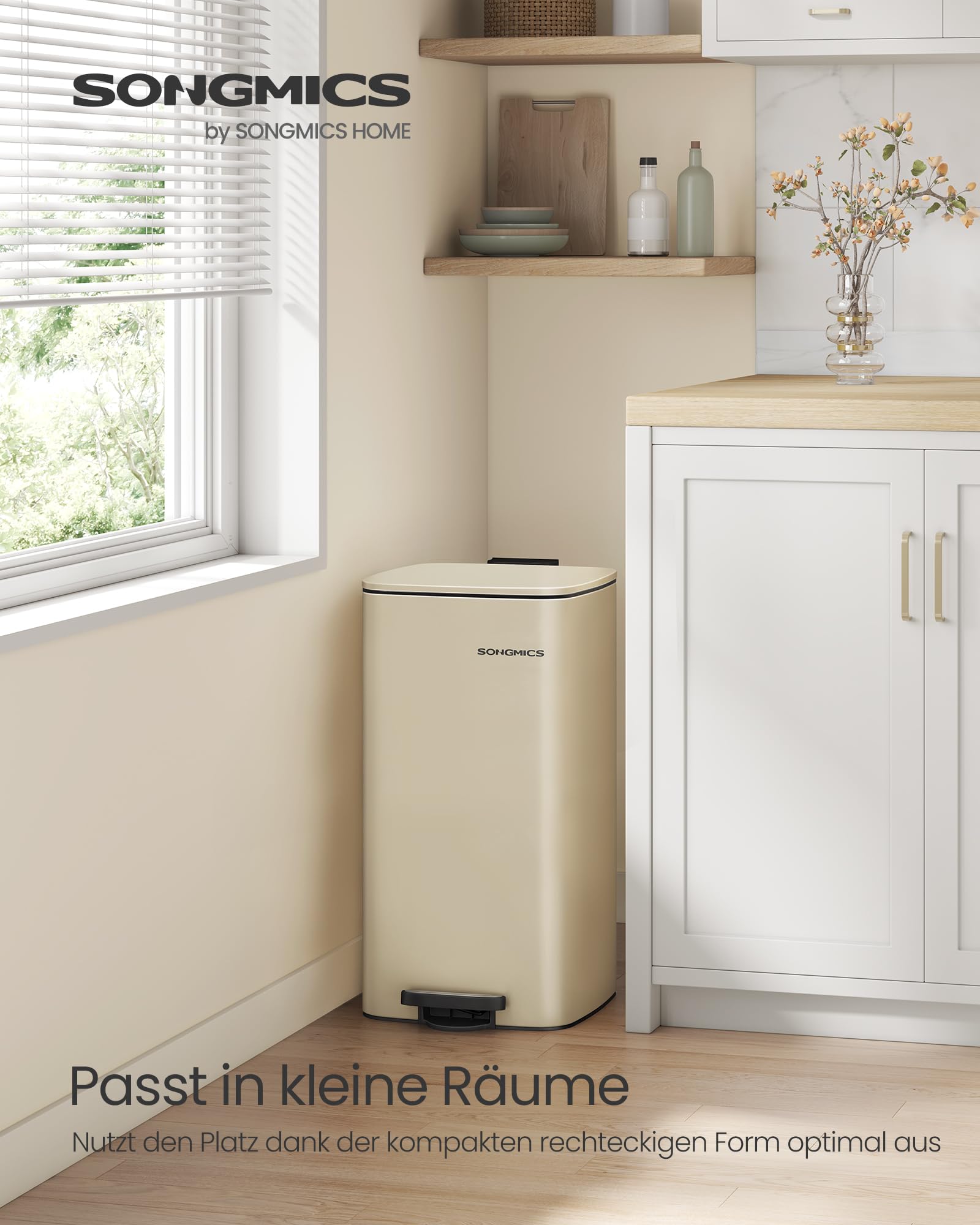 SONGMICS Mülleimer Küche 30 Liter Tretmülleimer Stahl Softclose Offenhaltefunktion sandbeige LTB593A02