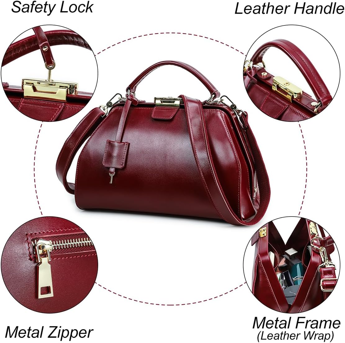 Women's Full Grain Leather Doctor Bag Purse Vintage Top-Handle Bag