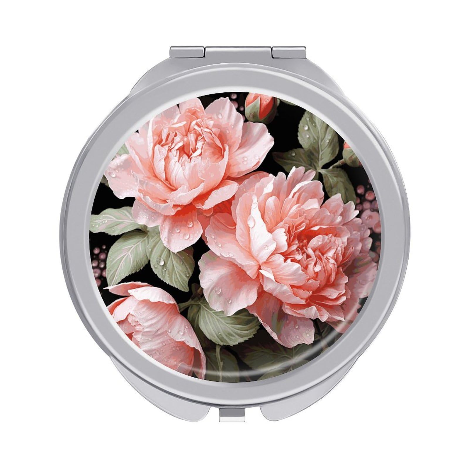 JTREHY Peony Flowers Rose Makeup Mirror Silver Mirror Surface Folding Makeups Mirrors Lightweight Durable Looking Glass for Suitable Traveling Handbag and Purses