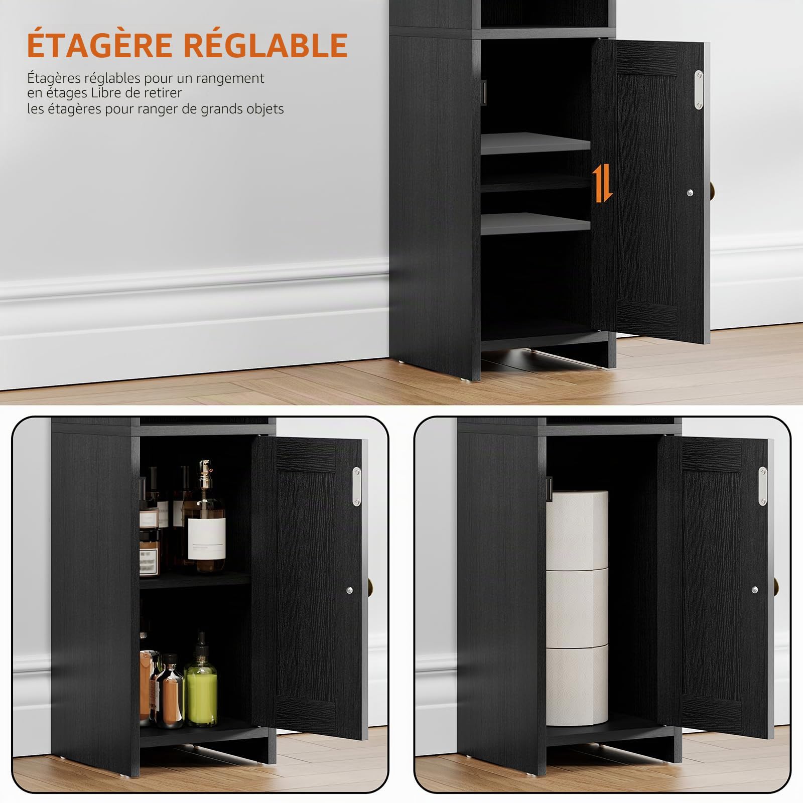RRX Petite armoire de rangement pour salle de bain, organiseur de salle de bain autonome pour petits espaces, sol d'angle étroit avec porte et étagères, noir