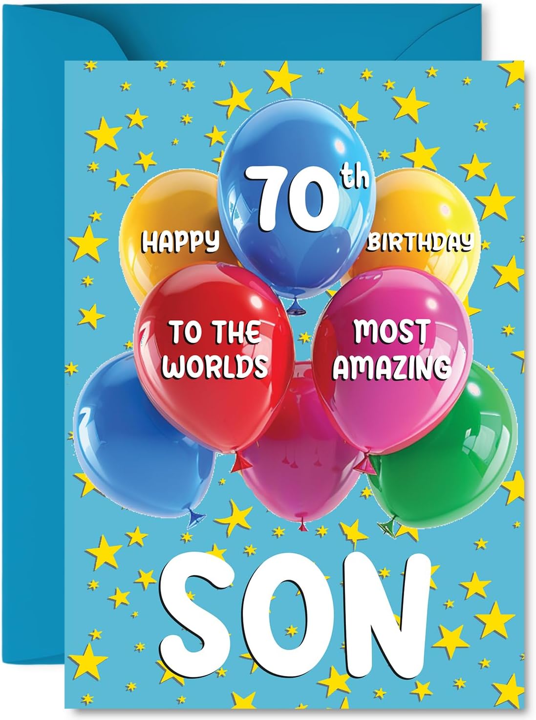 Son 70th Birthday Card - Worlds Most Amazing - Happy Birthday Card for 70 Year Old Son from Dad Mum, A5 Balloons and Stars Bday Greeting Cards