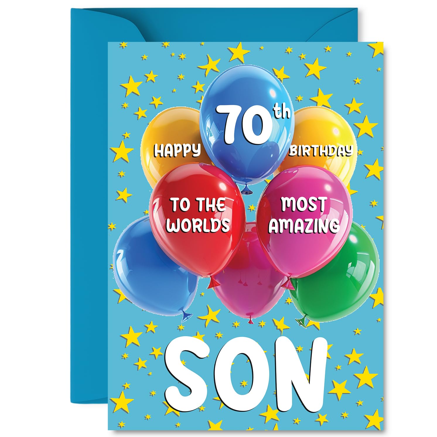 Son 70th Birthday Card - Worlds Most Amazing - Happy Birthday Card for 70 Year Old Son from Dad Mum, A5 Balloons and Stars Bday Greeting Cards