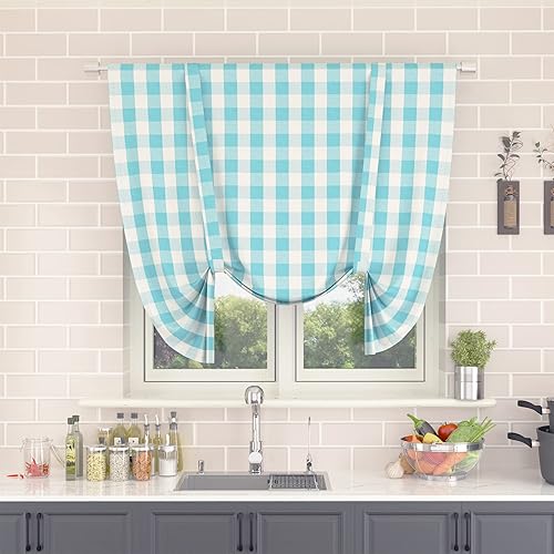 Miniatura 43 de Cortina ajustable con cenefa para ventana de cocina Buffalo Check, a cuadros, gingham, estilo granja, con bolsillo para barra, para baño, 42 x 45
