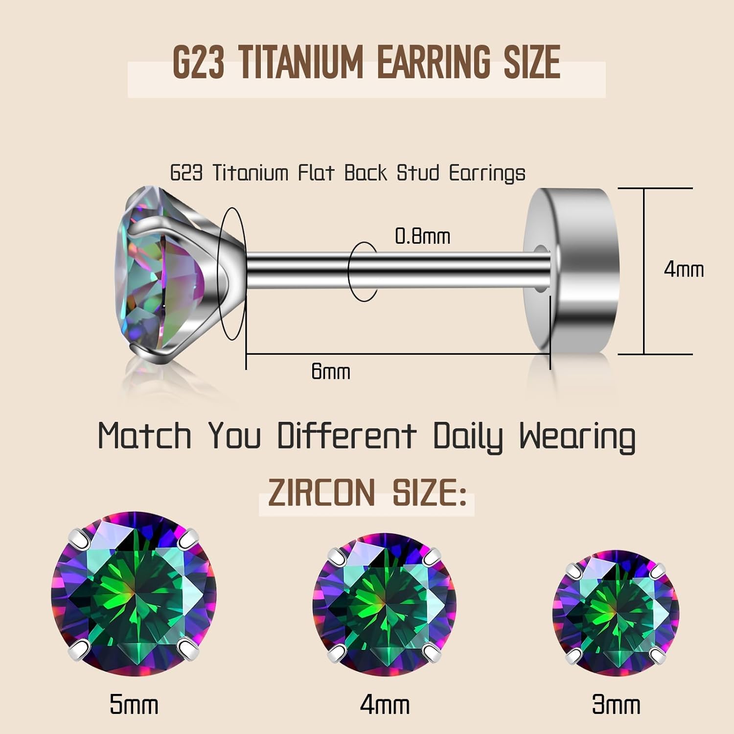 3 Pairs Titanium Cubuic Zirconia Stud Earrings for Women Men CZ Hypoallergenic Flat Back Earrings Silver Girls Earring Studs Set for Cartilage 3mm-5mm - Image 2