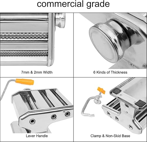 Miniatura 6 de Máquina para hacer pasta, 6 ajustes de grosor ajustables, máquina de pasta manual de acero inoxidable de 0.276 in y 0.079 in de ancho, prensa de