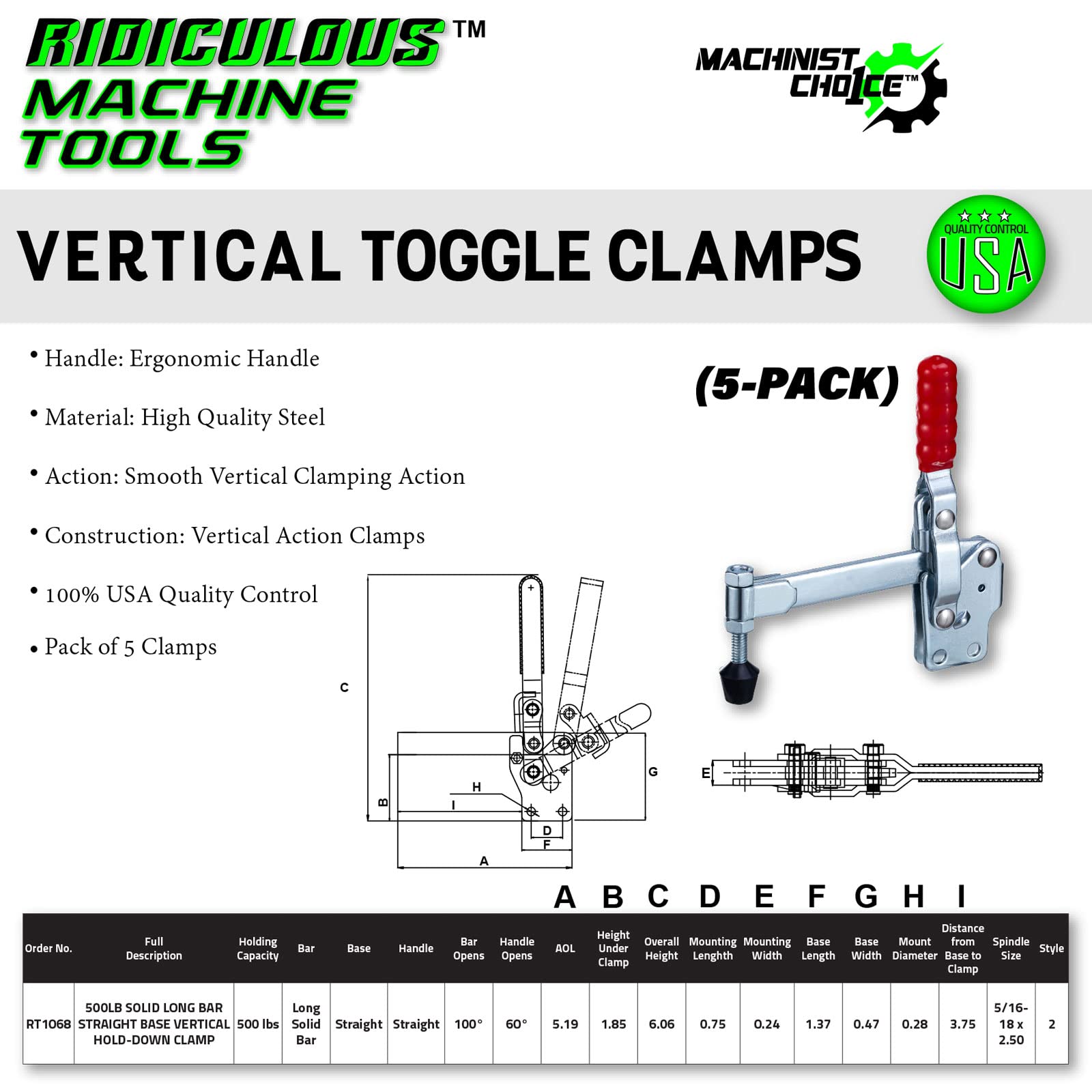 (5-Pack) 500LB SOLID LONG BAR STRAIGHT BASE VERTICAL HOLD-DOWN CLAMP