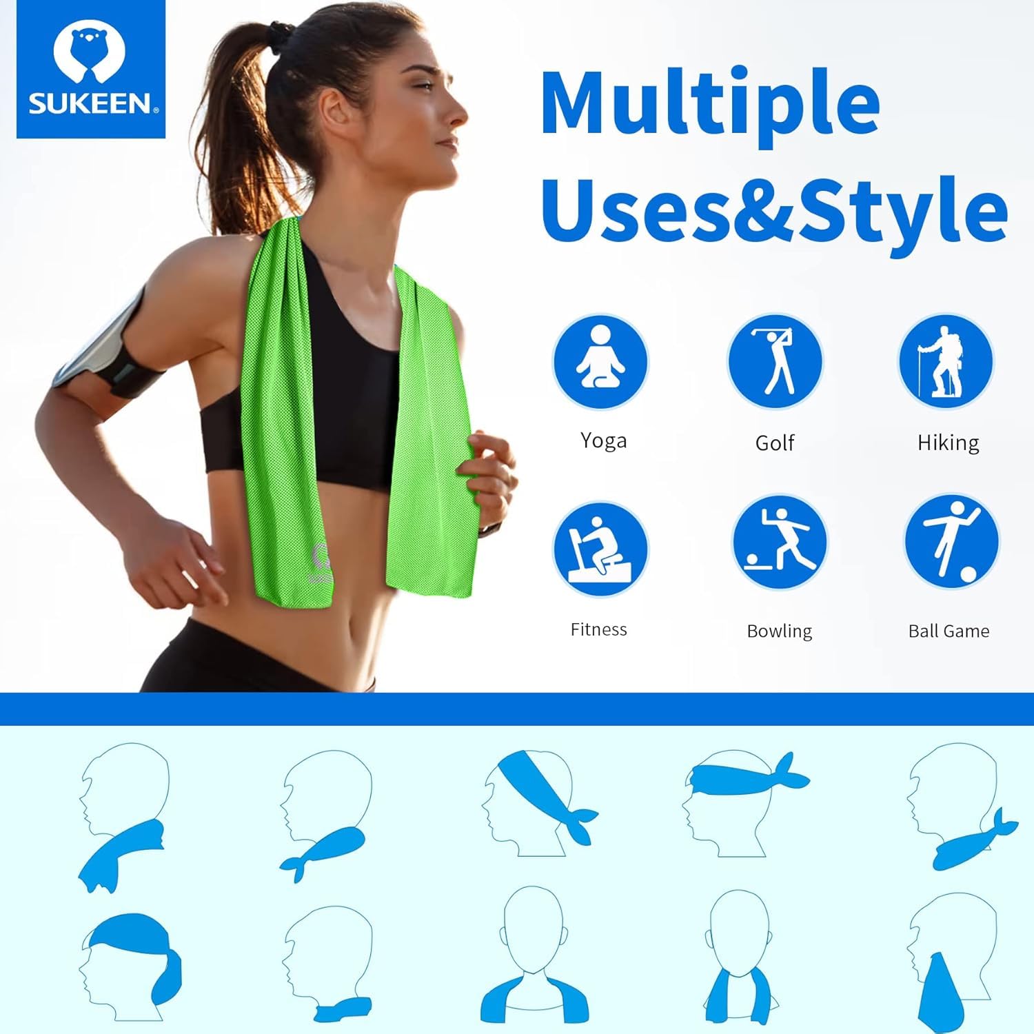 Sukeen Lot de 12 Serviettes rafraîchissantes (101,6 x 30,5 cm), Serviettes à Glace, Douces et Respirantes, en Microfibre pour Yoga, Sport, Course, Gym, entraînement, Camping, Fitness, entraînement