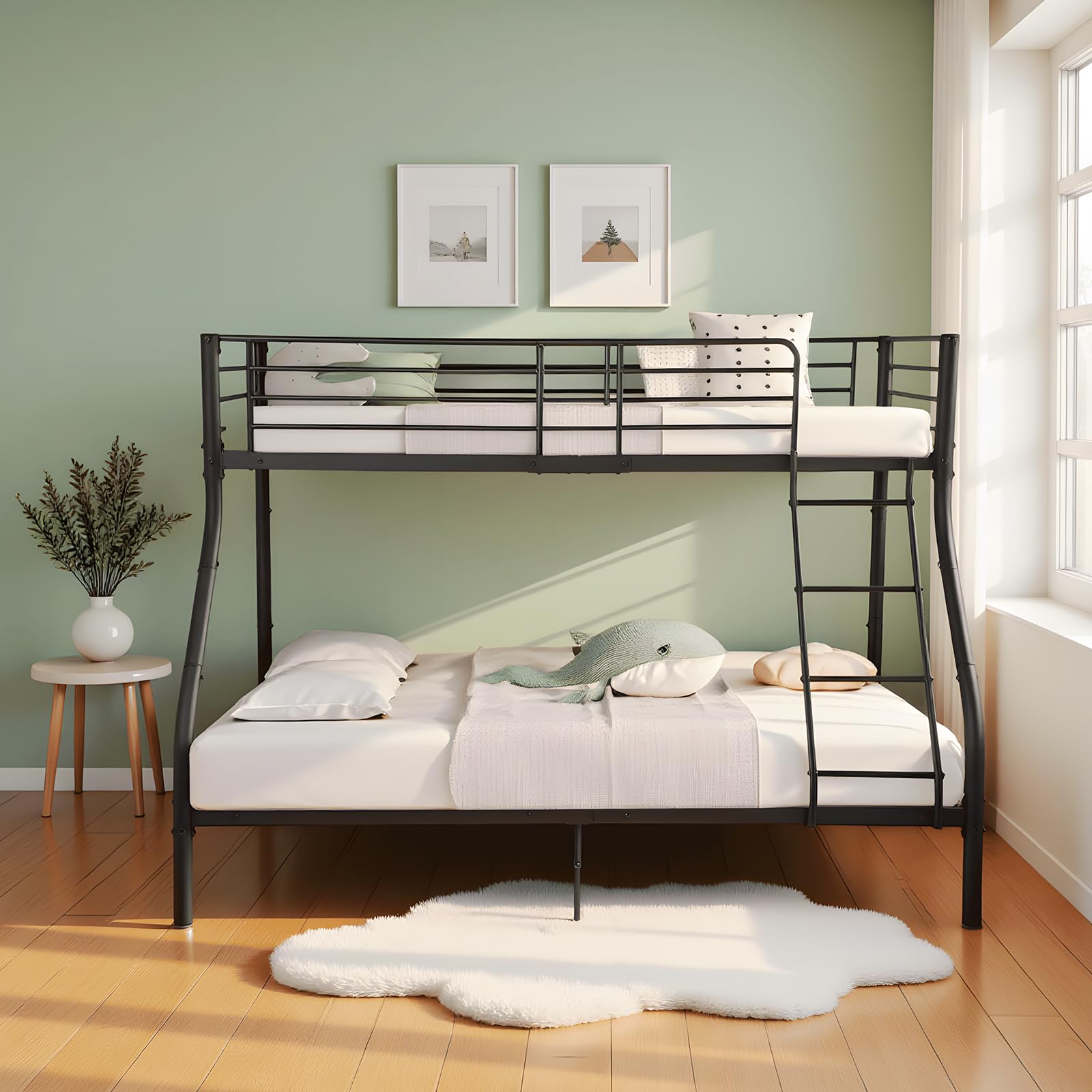 Letto a Castello 3 Posti in Metallo 90x200/140x200 cm, Nero | Letto a castello salvaspazio con barriera anticaduta e scaletta sicura, struttura in metallo robusto per bambini e famiglie.