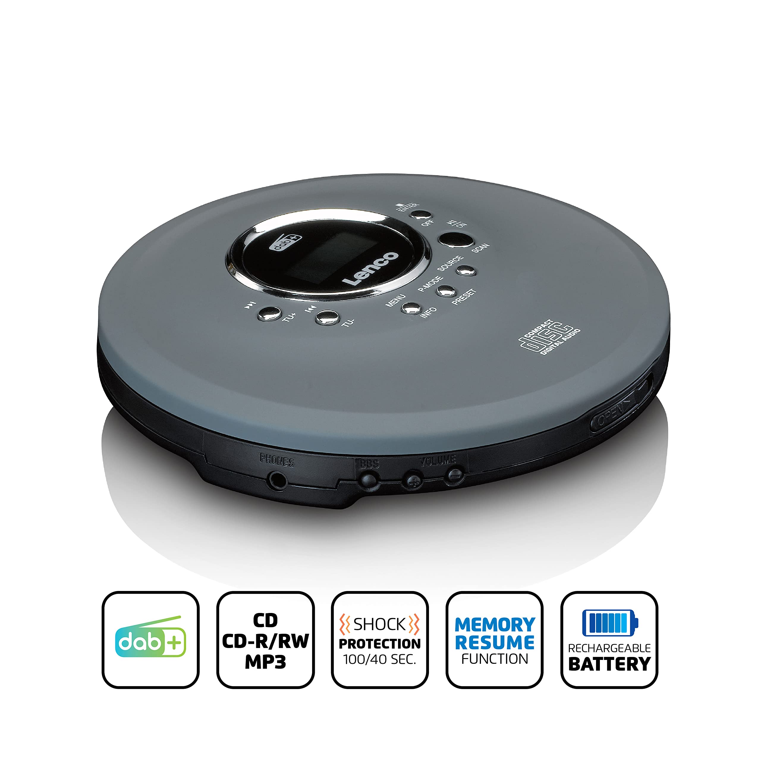 Lenco CD-400 - Tragbarer CD-Player - Discman - Dab+ Radio - CD, CD-R/RW, MP3-Player - Senderspeicher - Hörbuchfunktion - Antishock - integrierter Akku 1000mAH - Grau