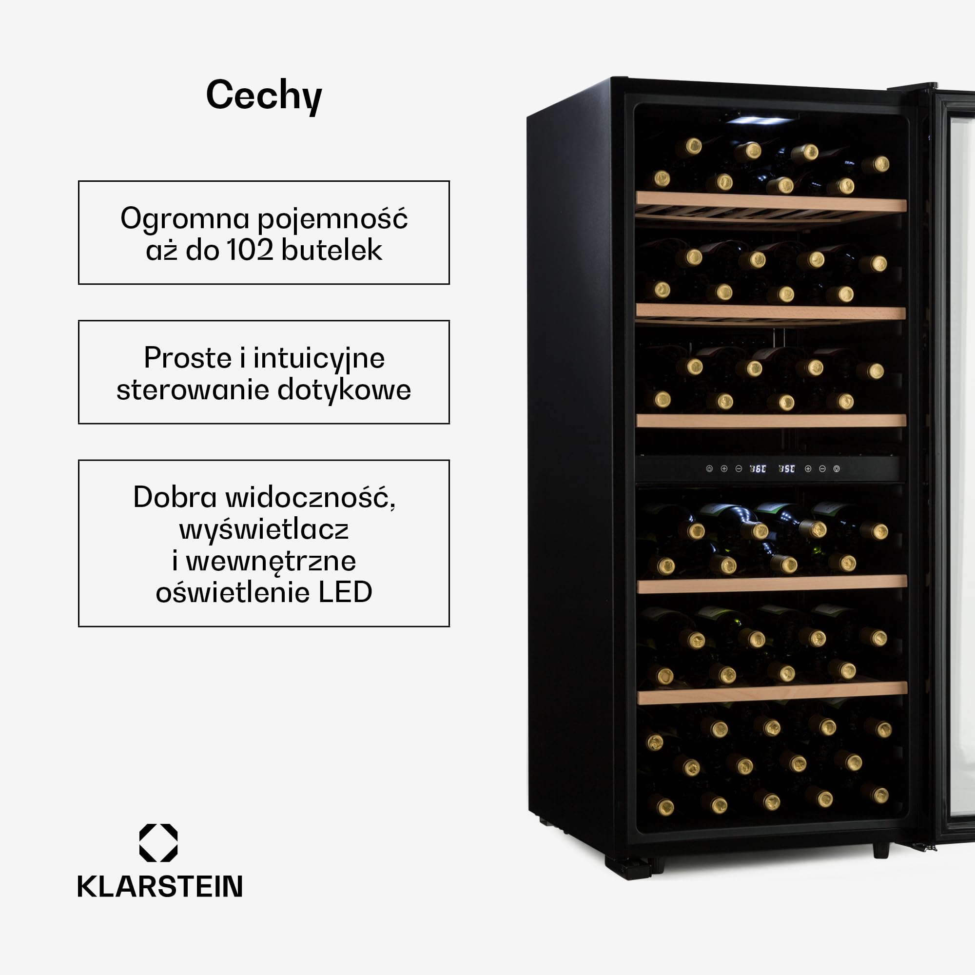 Klarstein Chłodziarka do wina, Wąska lodówka na napoje, 2 strefy, lodówka ze szklanymi drzwiami, Wolnostojące chłodziarki, Mała chłodziarka do wina, Ochrona UV, 5-18°C, 102 butelki
