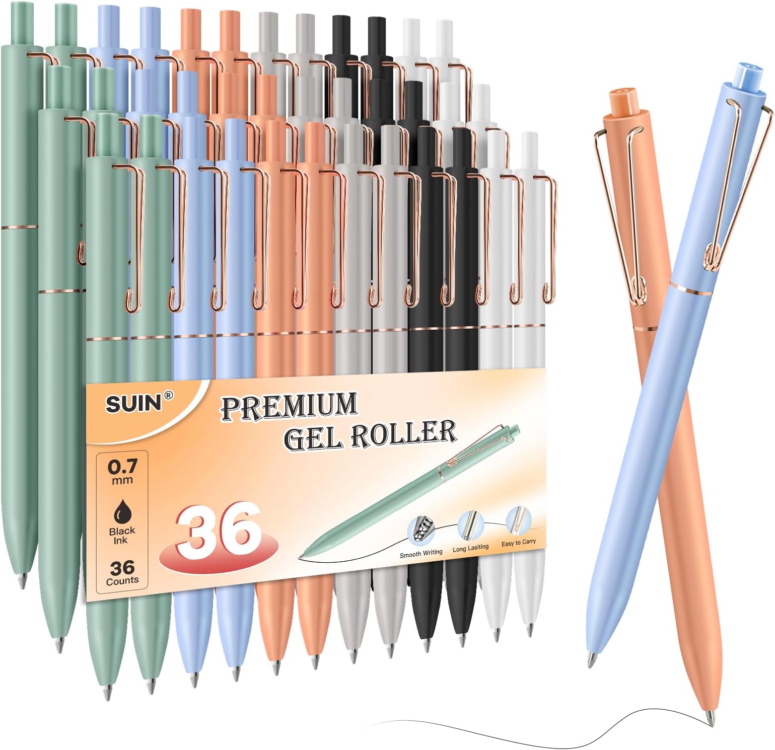 SUIN Gel Pens - 0.7mm Quick-Dry Black Ink, Retractable Rolling-Ball Gel-Pens, Medium Fine Point for Smooth Writing - Cute Office and School Supplies, Ideal Gifts for Women (36)