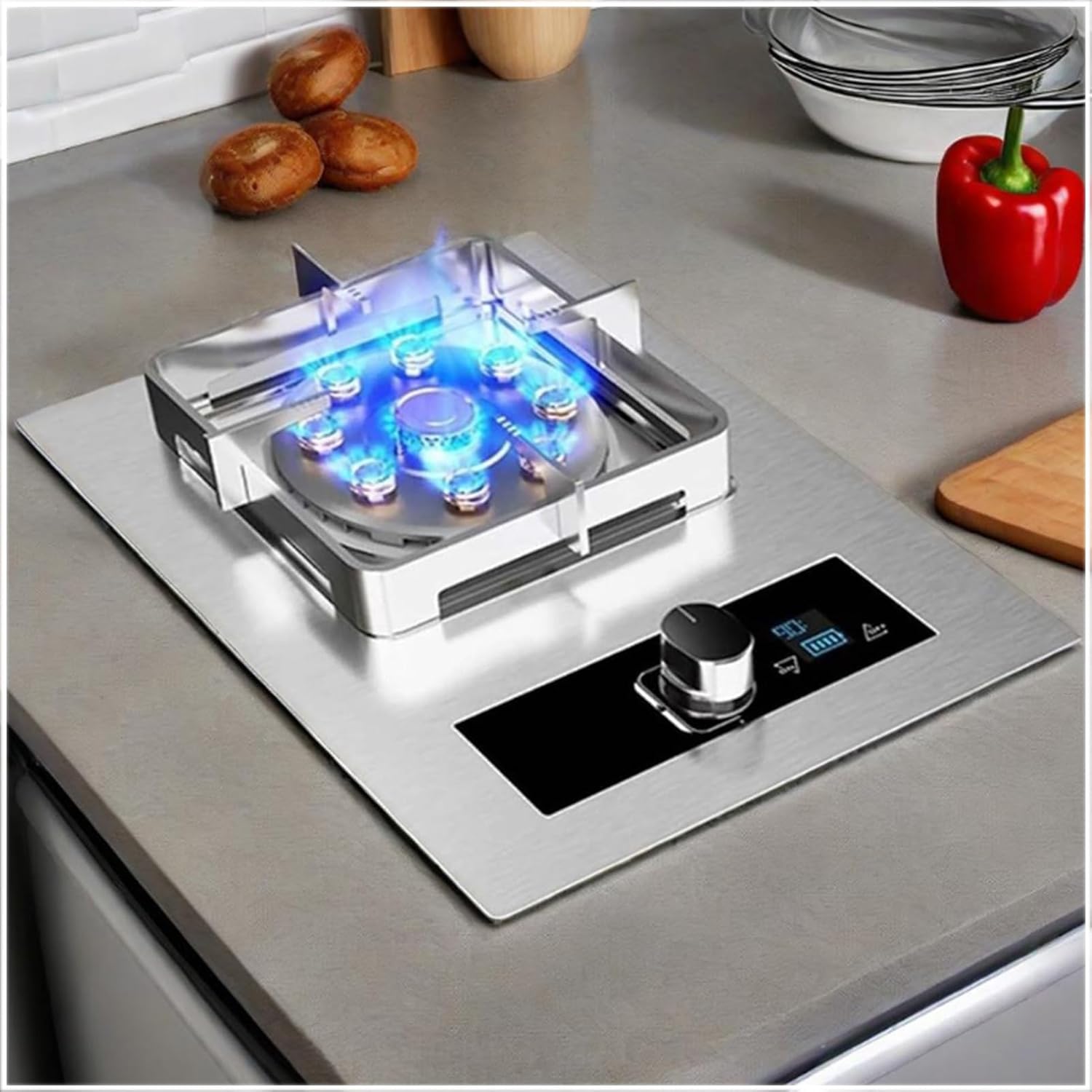 5.2W Gas Stove Single Burner, Hob Table Top Cooker, Nine-cavity High-fire Timer, Stainless Steel Catering Indoor Regulators, with Flameout Protection(LPG)(NG)