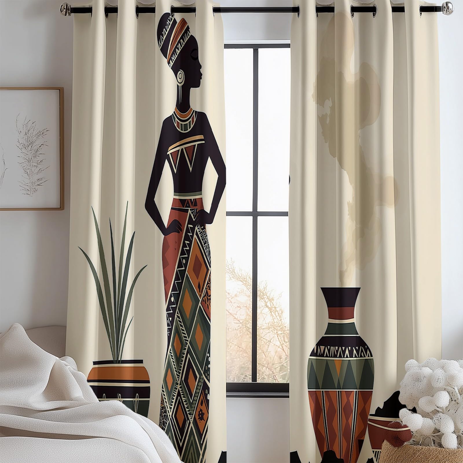 CozyRest Wohnzimmer Vorhänge Afrikanische Frau mit Vase Geometrie Ösen Gardinen mit Blickdichte Thermo Vorhang Kälteschutz Blackout Curtain Kinderzimmer Schlafzimmer Ösenvorhang H214 x B91.5 cm