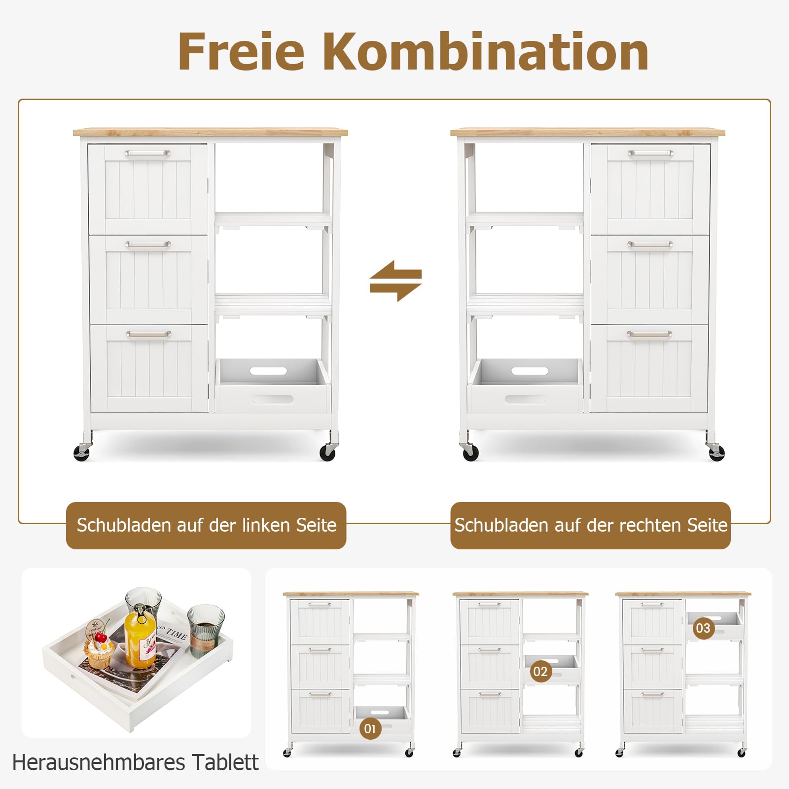 GIANTEX Küchenwagen auf Rollen, Küchenschrank mit Arbeitsplatte, bewegliche Kücheninsel Holz, Servierwagen Rollwagen Holz, Küchenrollwagen mit Schublade, Küchentrolley 67x37x83,5 cm (Weiß)