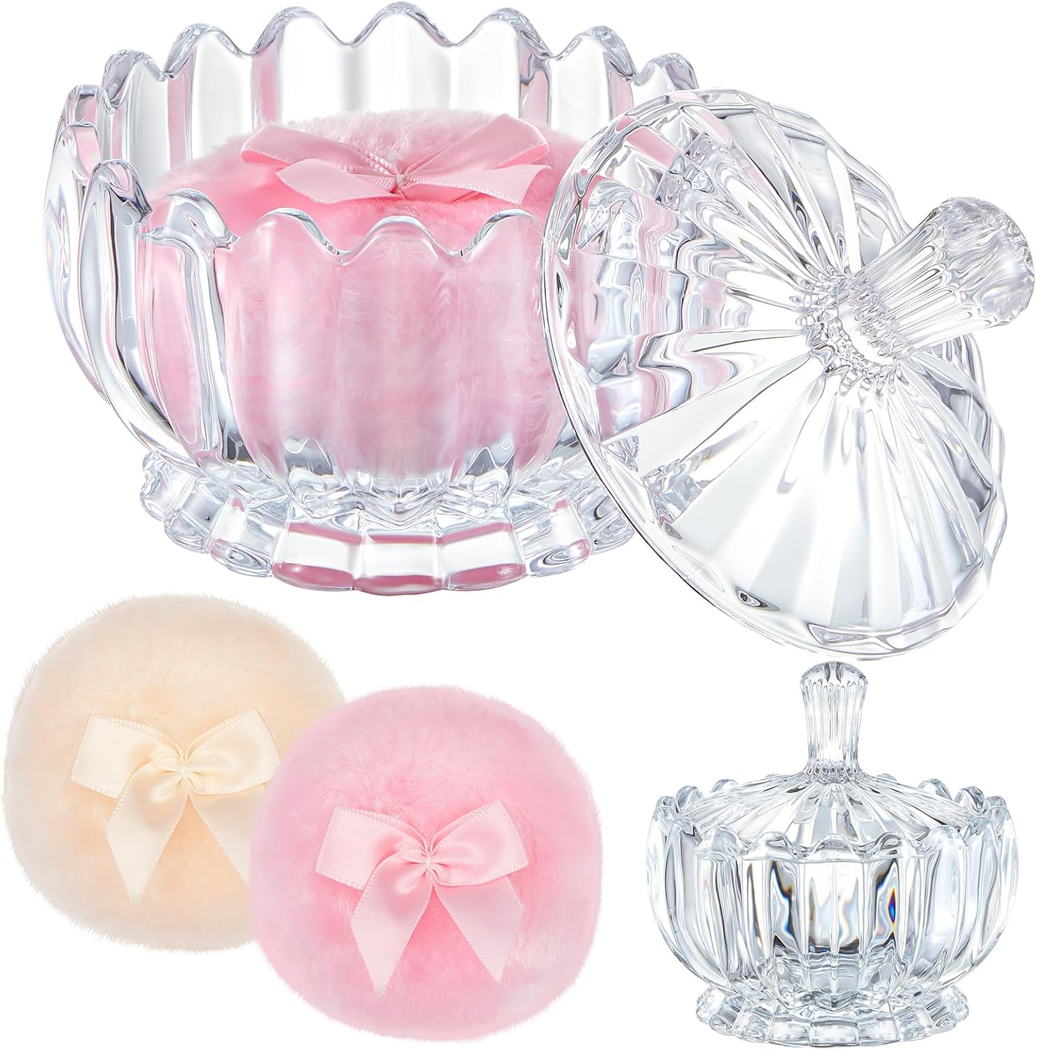 Tioncy 3 Pcs Large Body Powder Puff and Container Powder Container with Puff Powder Puff Crystal Container Soft Washable Reusable Velour Face Body Glitter Powder Puff Wet Dry Makeup(Clear,Cute)