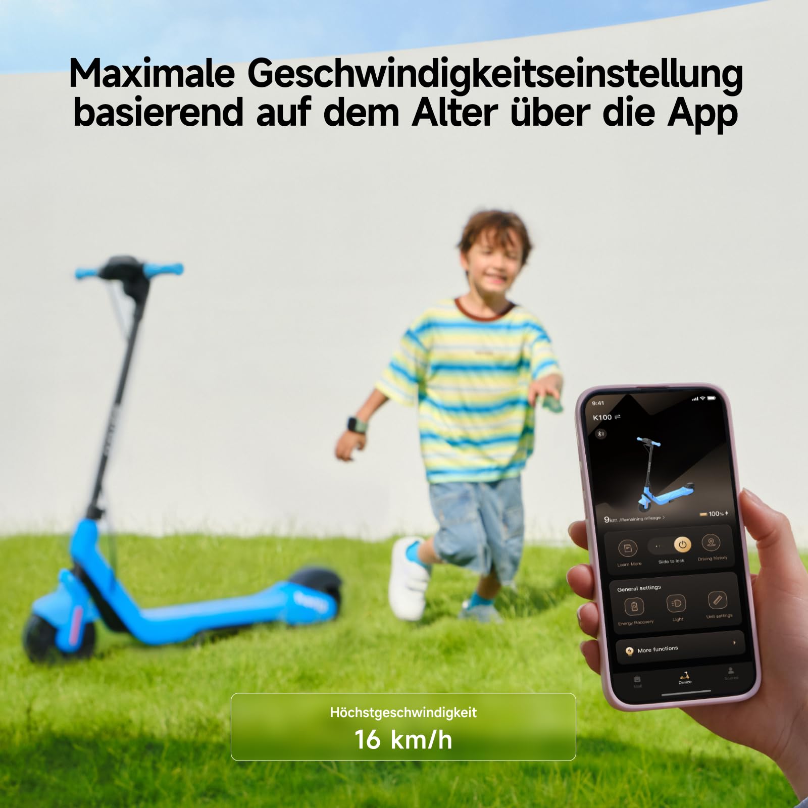 NAVEE K100 K100 Max E-Scooter Kinder ab 6 Jahre - 16 km Reichweite, 16 km/h, 50 kg Belastbar, IPX4 Wasserdicht, Bluetooth-Lautsprecher, RGB-Ambientelicht, faltbar & App-Geschwindigkeitskontrolle