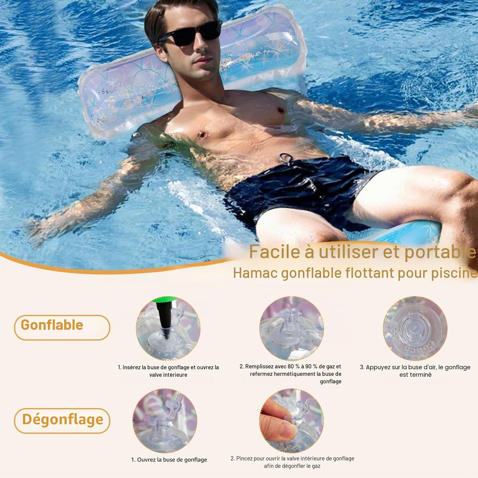 Lot de 2 hamacs flottants d'extérieur en PVC éco, 4-en-1 renforcé | 2 sacs étanches IPX8 avec pompe à air manuelle, matelas suspendu gonflable pour piscine, lac, plage, dégradé sequin