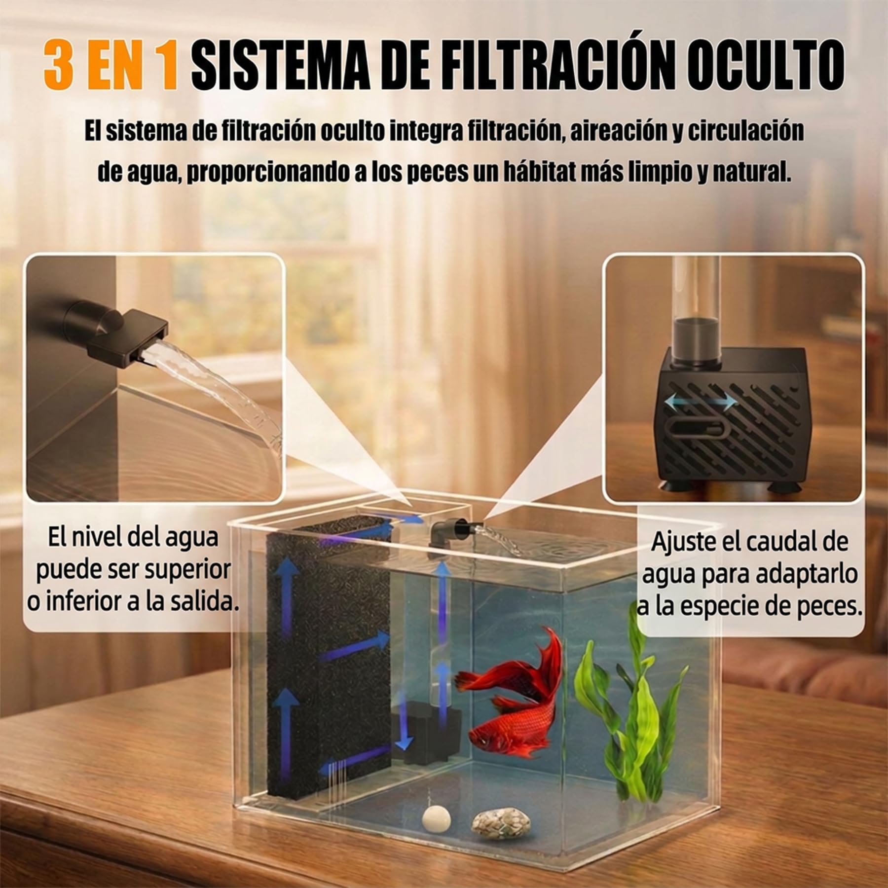 Vehipa 3,7L Acuarios pez Beta Completas, Pequeña Acuario de Acrílico con Bomba de Filtro de Agua y Luz LED, Ideal para Peces Pequeños, Gambas y Plantas (Negro)