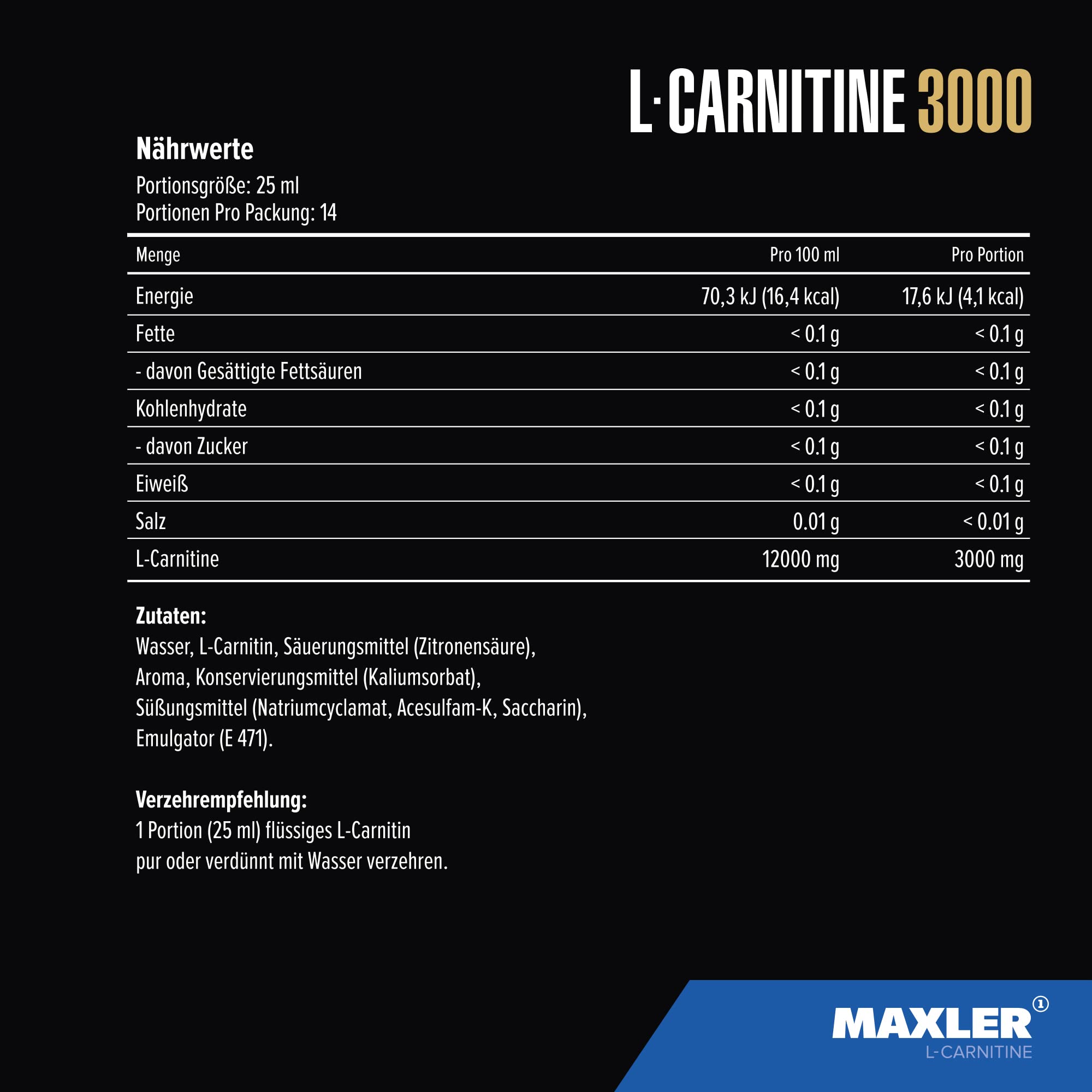 Maxler L-Carnitine 3000 - Albaricoque-Mango - 14x25ml - L Carnitina Líquida en dosis altas - Suplemento nutricional vegano - 3000 mg de ingredientes activos por porción - 14 porciones (Paquete de 4)