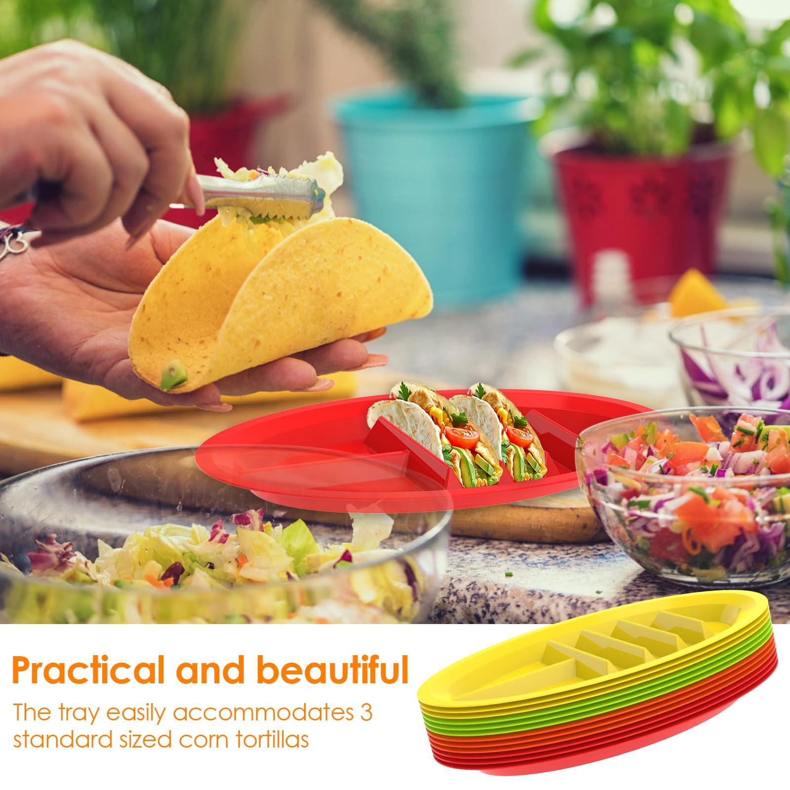 ZJRDYYK 12 Pack Plastic Taco Plates, 13 Inch Plastic Taco Holder Plates, Colorful Taco Plates, BPA Free, Microwave & Dishwasher Safe, Taco Bar Serving Set for Party