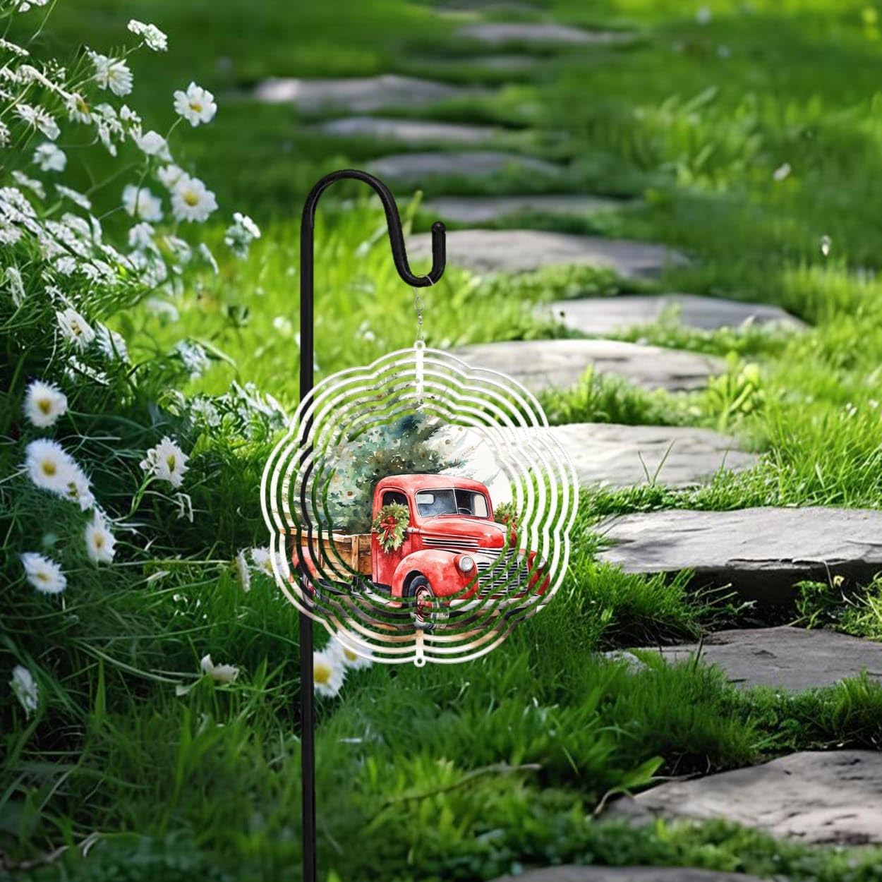 Red Truck Christmas Trees Christmas Wind Spinners 3D Stainless Steel Laser Cut Metal Double Sided Printing-Hanging Indoor/Outdoor Decorations Yard Gardening Decor,Metal Kinetic Art 14x14 inches