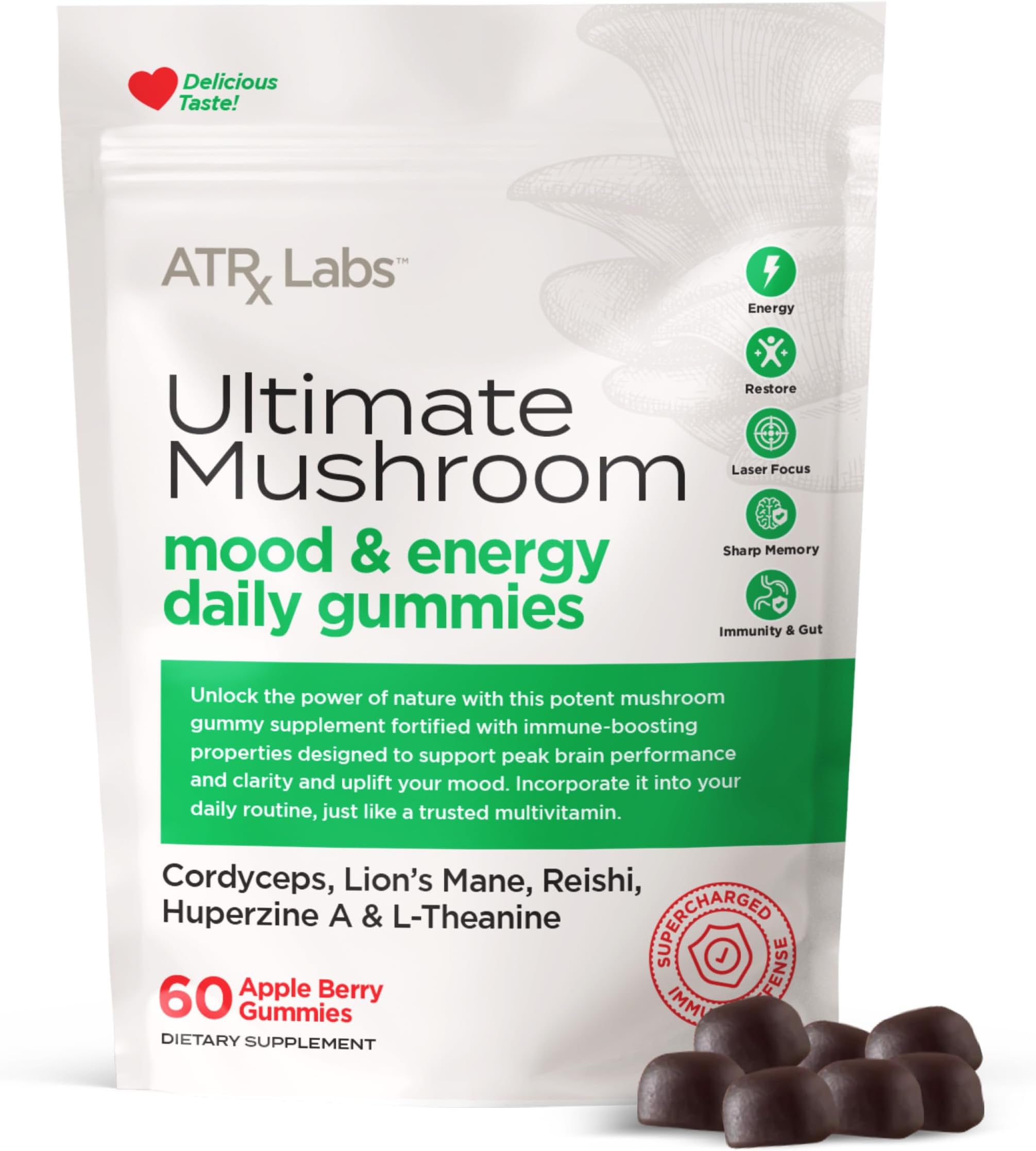 Ultimate Mushroom Daily Gummies - Mushroom Gummies with Cordyceps, Lion’s Mane, and Reishi, Plus Huperzine A & L-Theanine, May Improve Mood and Energy, Apple Berry Flavor, 60 Count