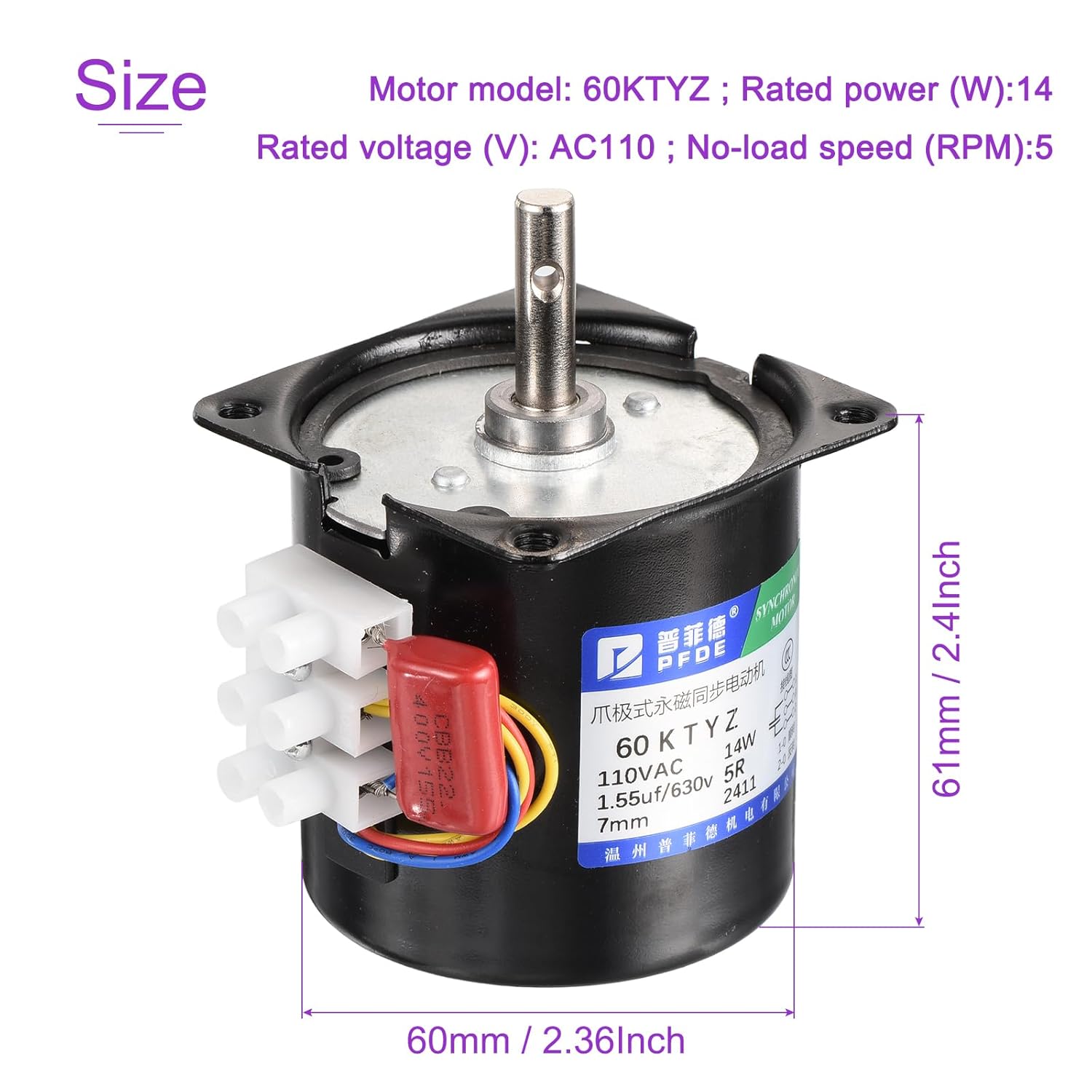 DMiotech Synchronous AC Reduction Motor with Motor Bracket and Power Cord 60KTYZ AC110V 5RPM Ac Motor 250N.CM CW/CCW Low Noise Gearbox Electric Motor for Instrumentation Automation Control