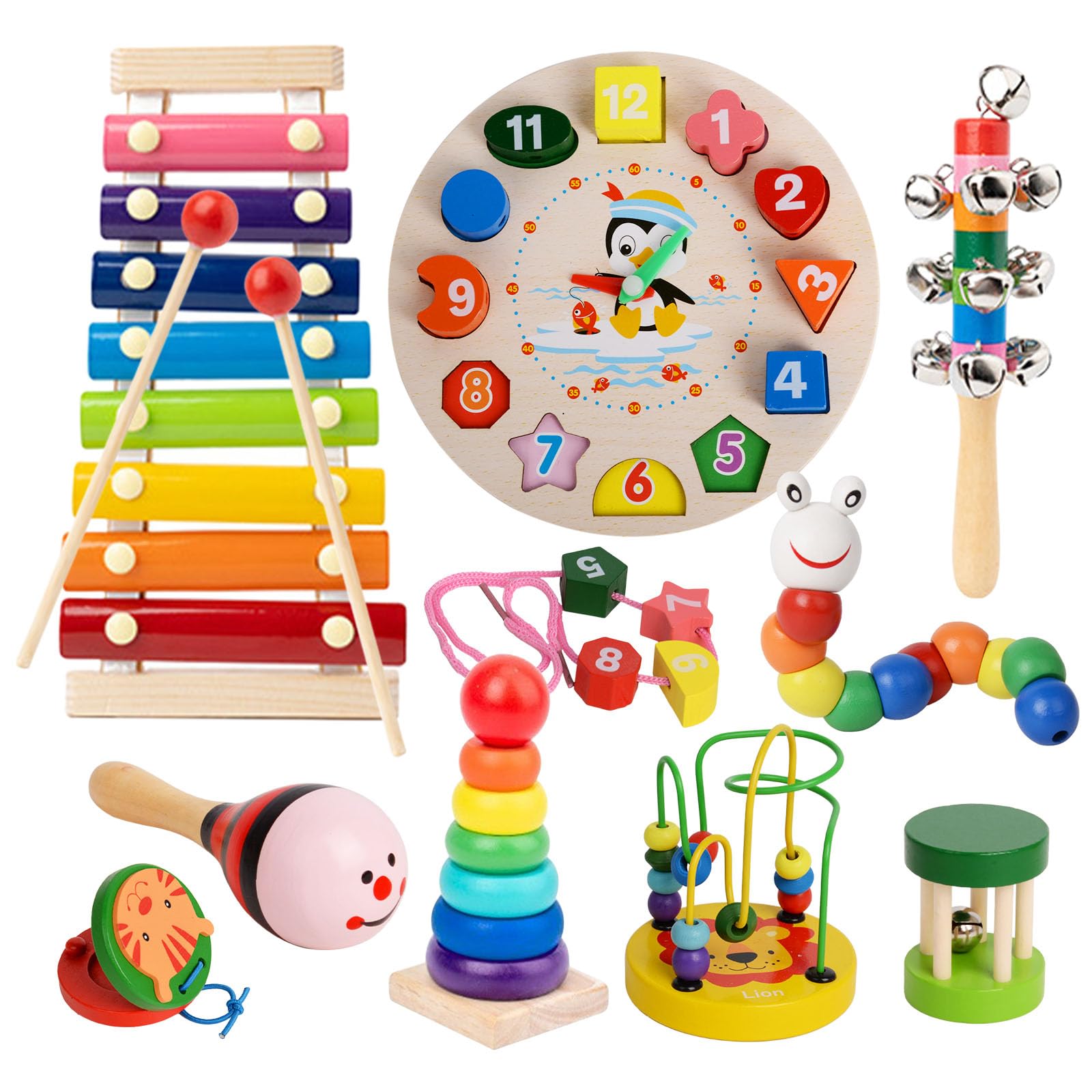 Polegas 9-in-1 Baby Toys Set, Montessori Toys for Babies 6-32 Months, Baby Sensory Toys for Early Development, Educational Toys including Eight Tone Percussion, Digital Clock, etc.