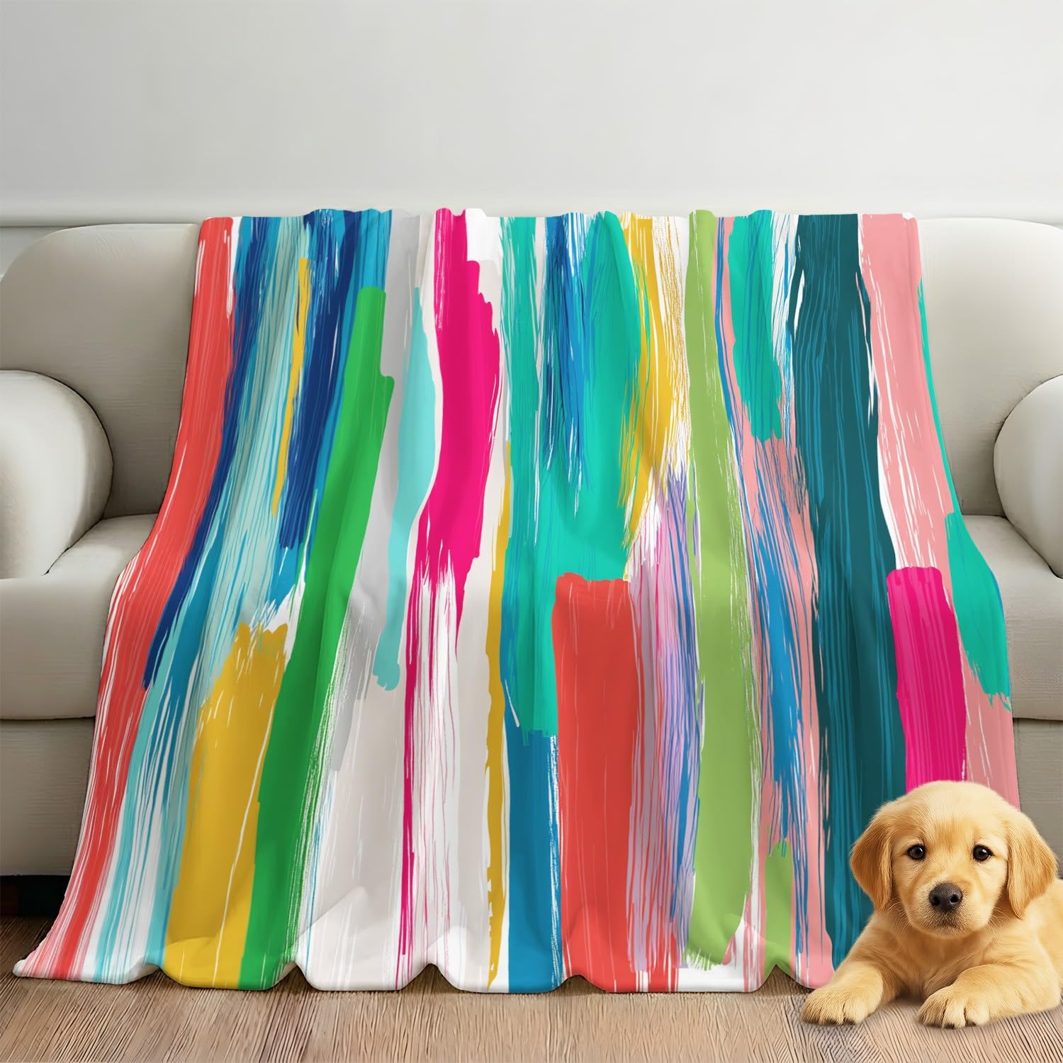 Générique Couverture Plaid Flanelle 180cm x 200cm Épais Couvertures Polaire d'automne Chaud, Modern Abstract Vibrant Dynamique Art Pinceaux verticaux Rayures Moelleuse Légères Couvertures