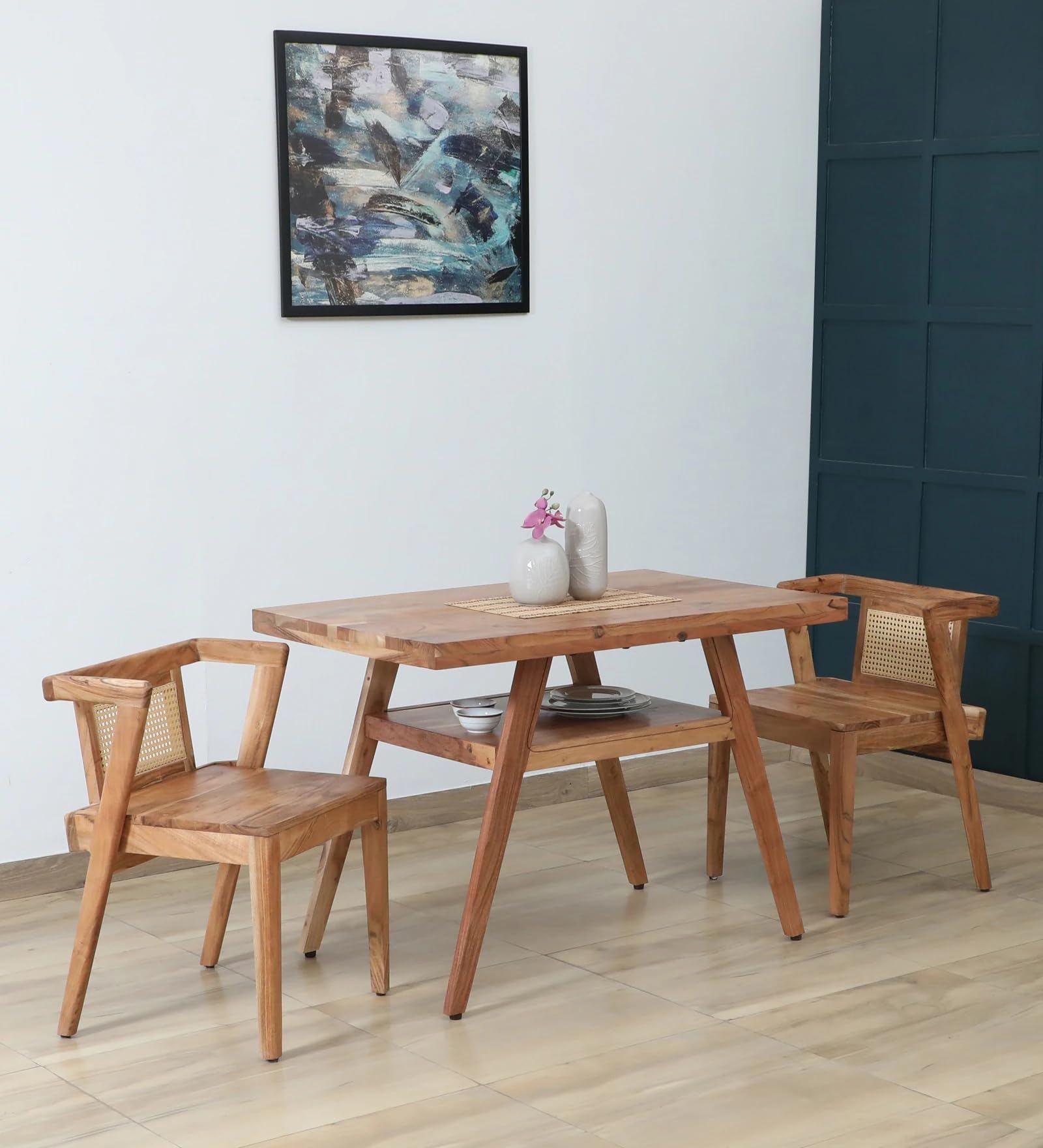 SMAART CRAAFTS Ixigo 2 Seater Rattan Dining Set | Dining Table and 2 Chair for Living Room | | Pure Acacia Wood, Natural Finish | Dining Set for Hotel, Cafes, Home and Restaurant |