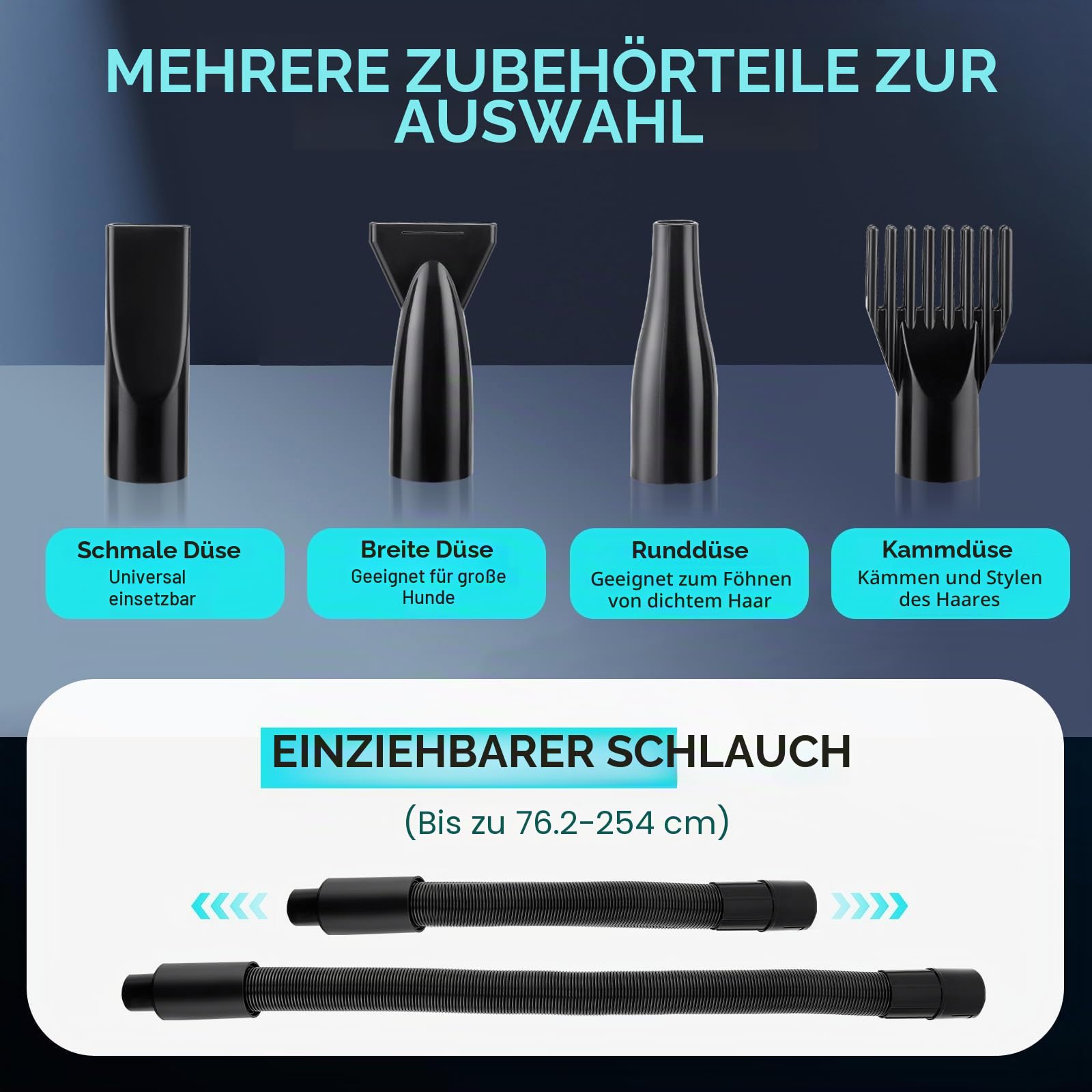 Hundefön Hundetrockner, Hundefön Blower 3800W/4,5 PS, Profi Tierhaartrockner für die Fellpflege, Stufenlose Geschwindigkeitsregelung, Geräuscharm, mit 4 Verschiedenen Düsen Elastischem Schlauch