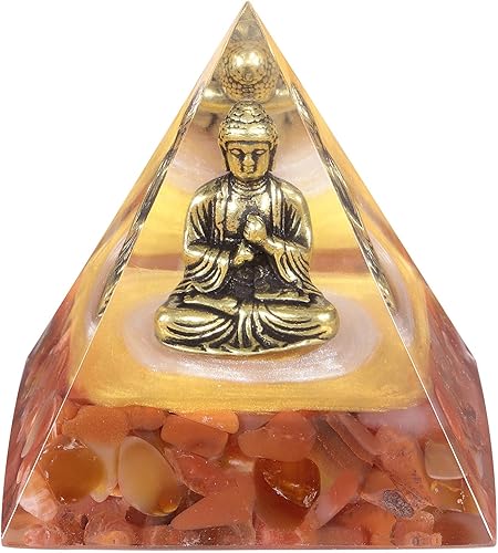 Cheungshing Estatua de Buda de latón Protección de pirámide de orgón, piedras de cristal de reiki, generador de energía, figura de pirámide de