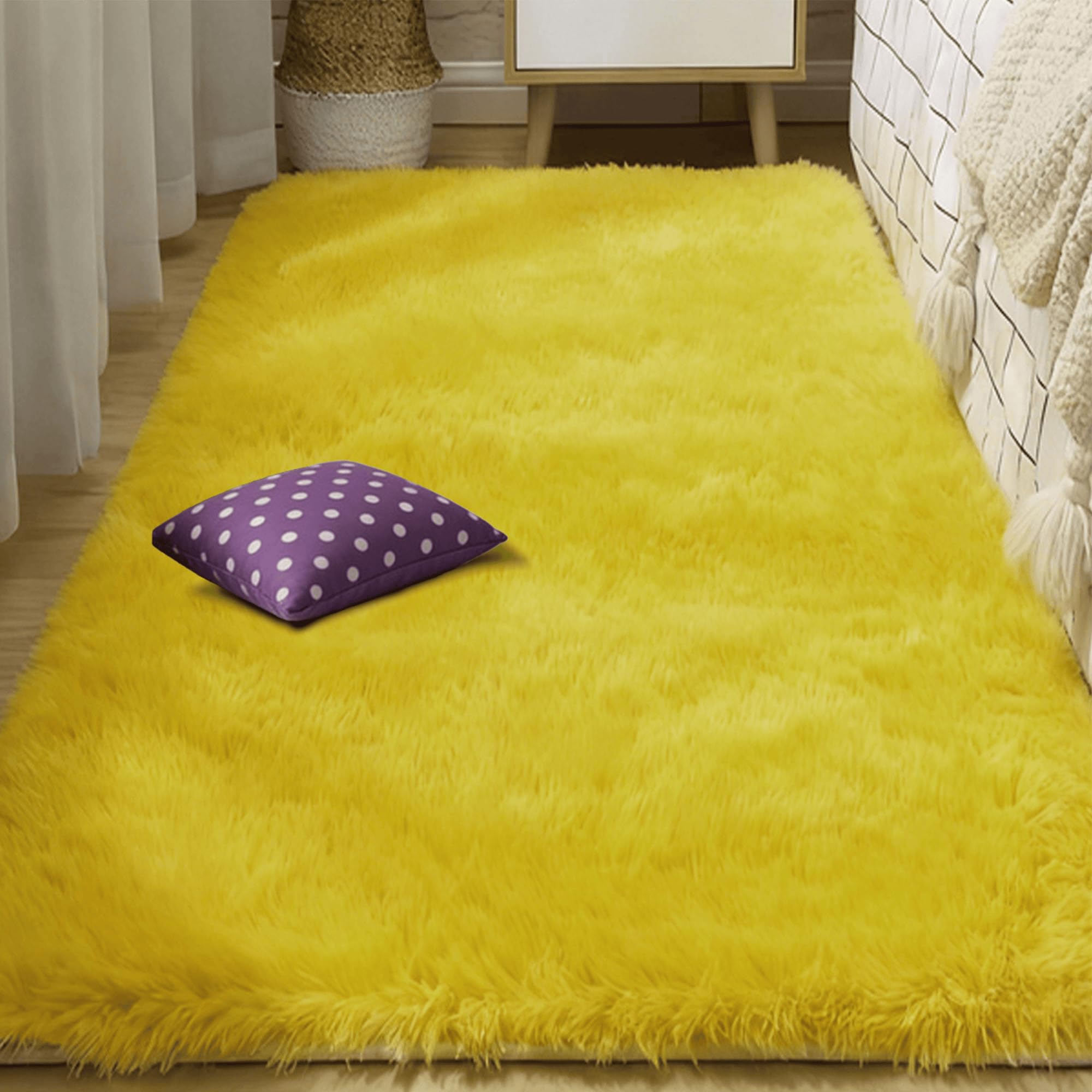 Tapis salon jaune 120x320 cm ultra doux lavable en machine pour grand couloir