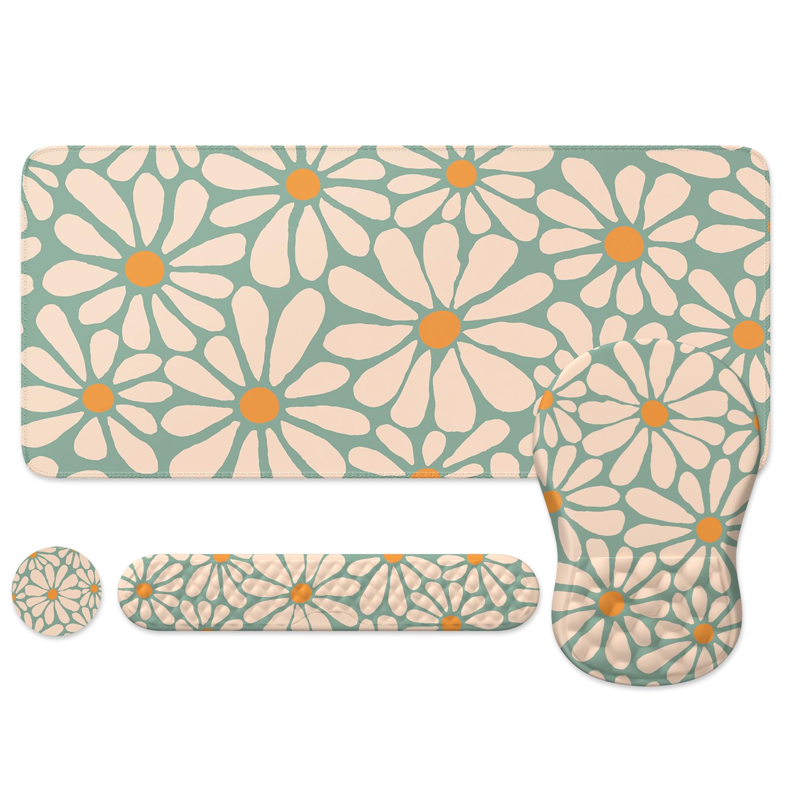 iLeadon Cute Large Mouse Pads Set for Desk,Massage Wrist Rest Set for Computer Keyboard,Big Mouse Pad XXL+Cup Coaster with Non-Slip Base for Home Office,Green Daisy