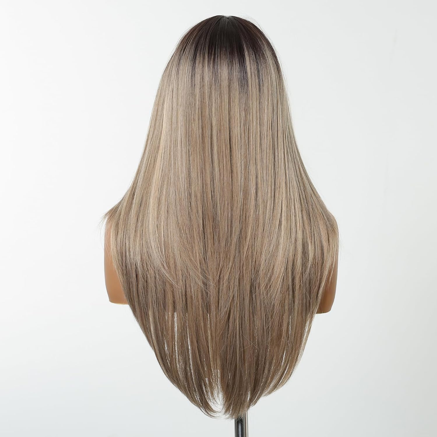 testar Long Straight Gray Brown Wigs for White Women Dark Brown to Gray Silky Hair Synthetic Middle Part Wigs for Daily Use Lace Closure Natural Hairline 26 IN