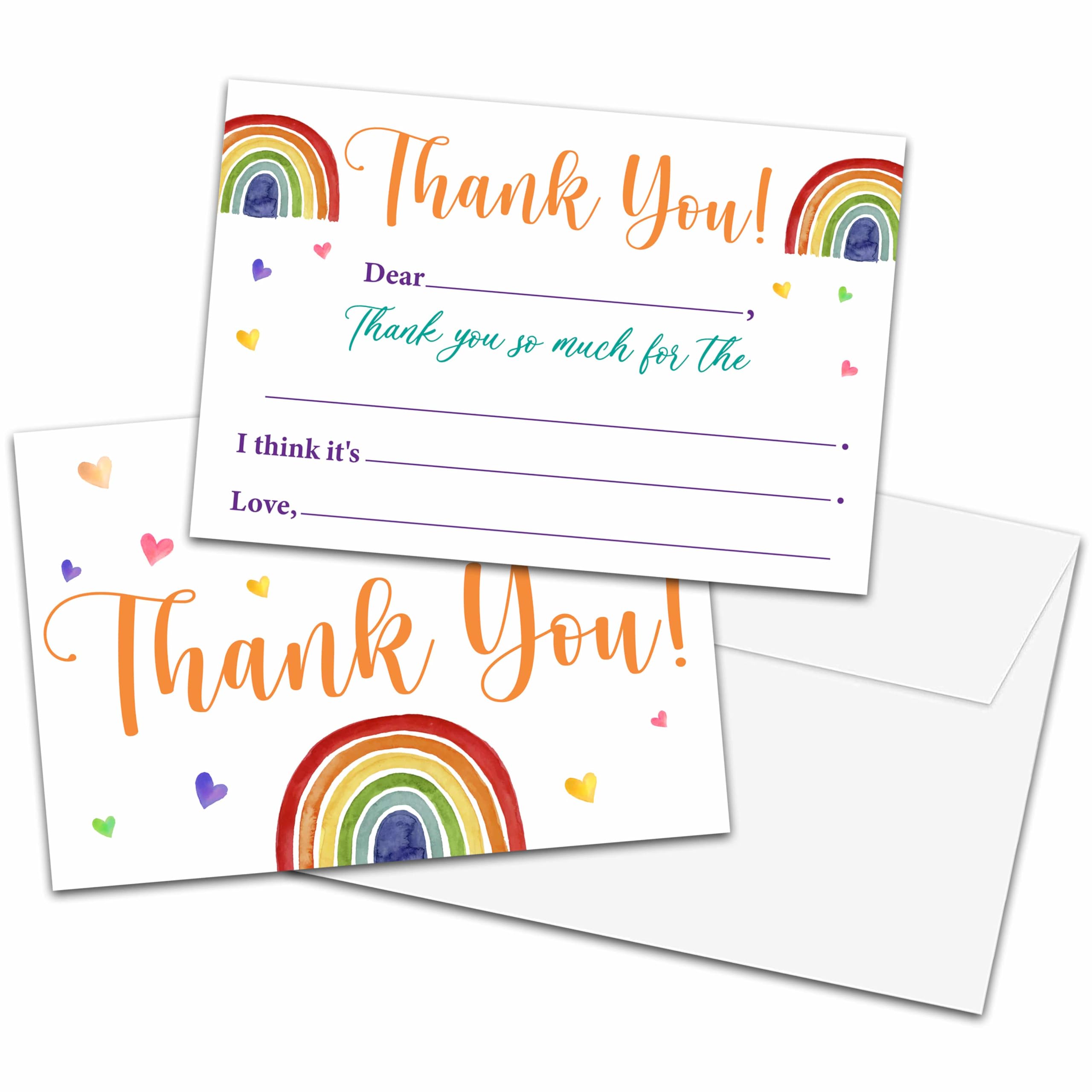 Kids Thank You Cards Fill in the Blank, Boho Rainbow Thank You Cards, Rainbow Greeting Cards, Thank You Notes For Boys Girls, Birthday Party