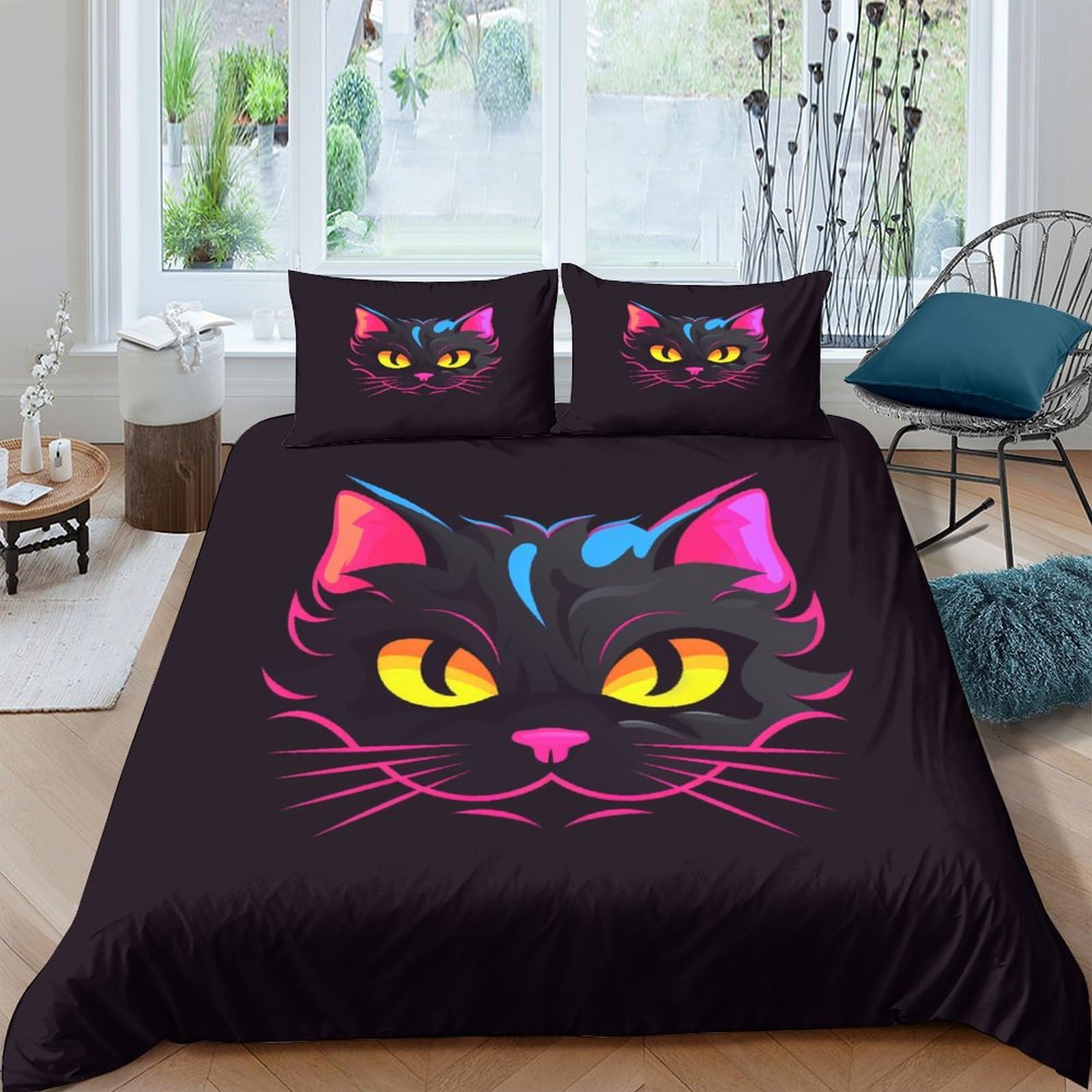 Set de housse de couette 3 pièces chat imprimé 3D bleu et noir 200x200