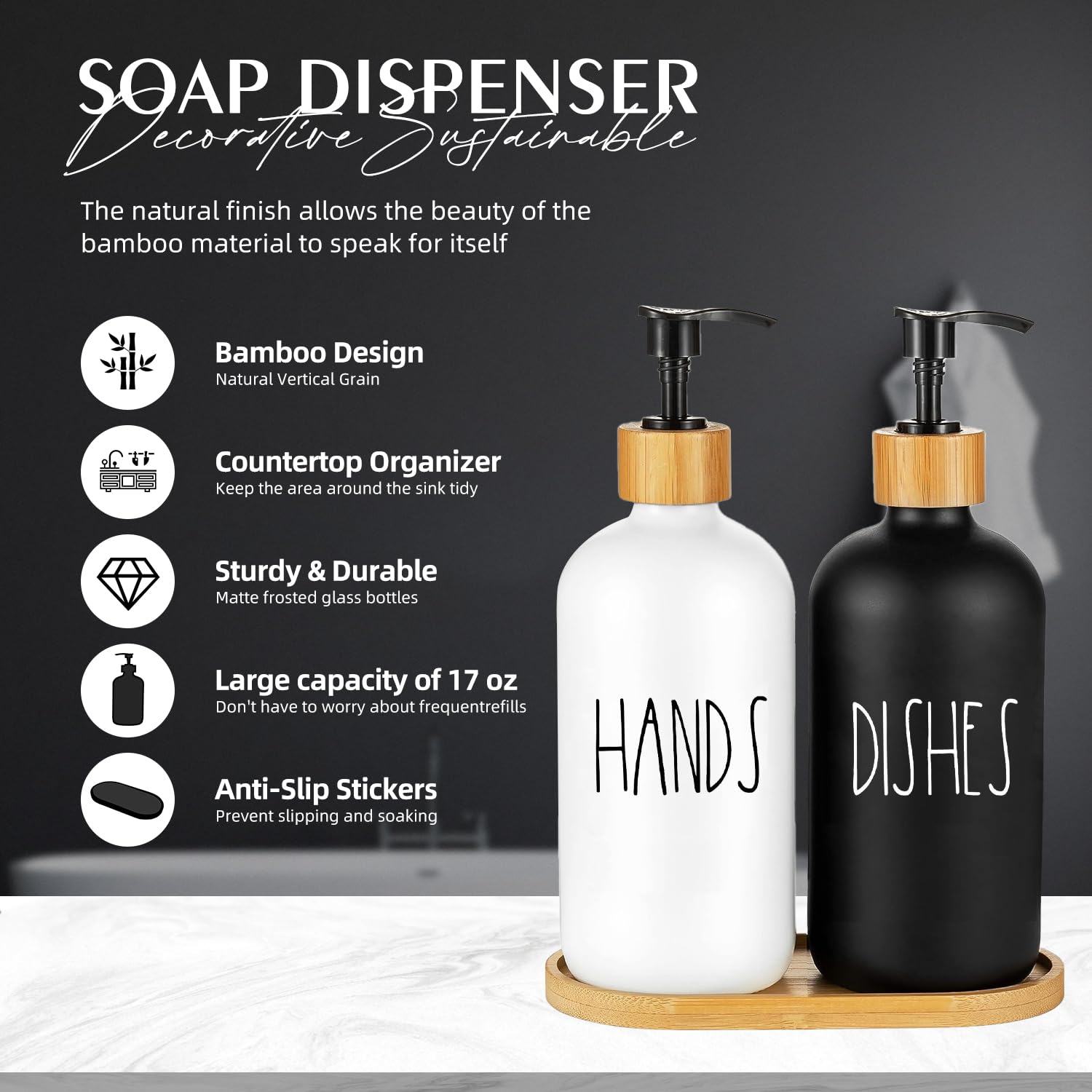 Arktek Set di dispenser di sapone in vetro con vassoio, confezione da 2 dispenser per bottiglie per bagno e cucina, set di dispenser di sapone per piatti, sapone per le mani, lozione da 500 ml (bianco