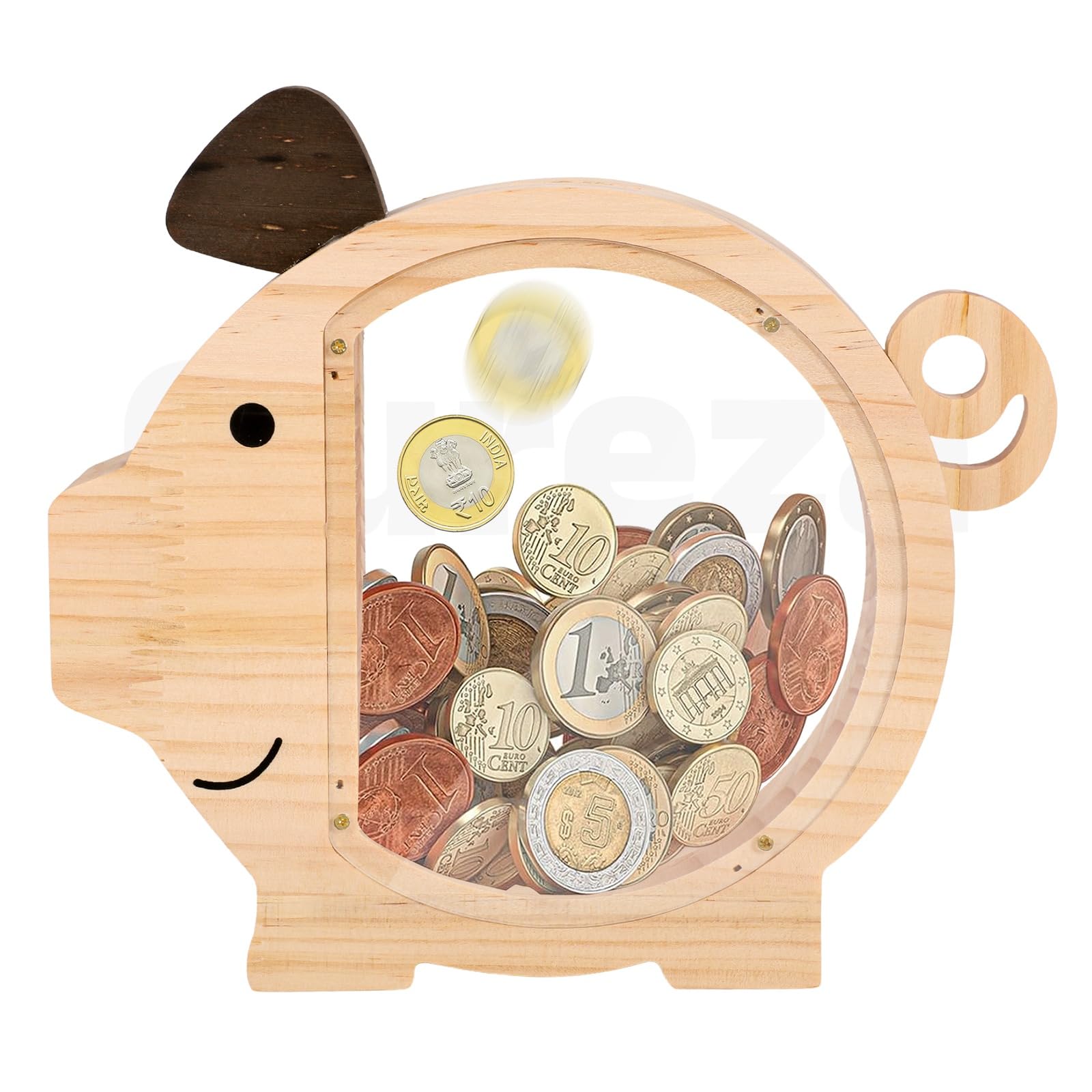 Qureza Wooden Big Cute Reusable Piggy Bank for Kids Boys Girls Adults Large transparant Coin Money Saving Box Creative Personalized Gifts for Child Birthday Cash Saving Unbreakable Smart Money Box 3