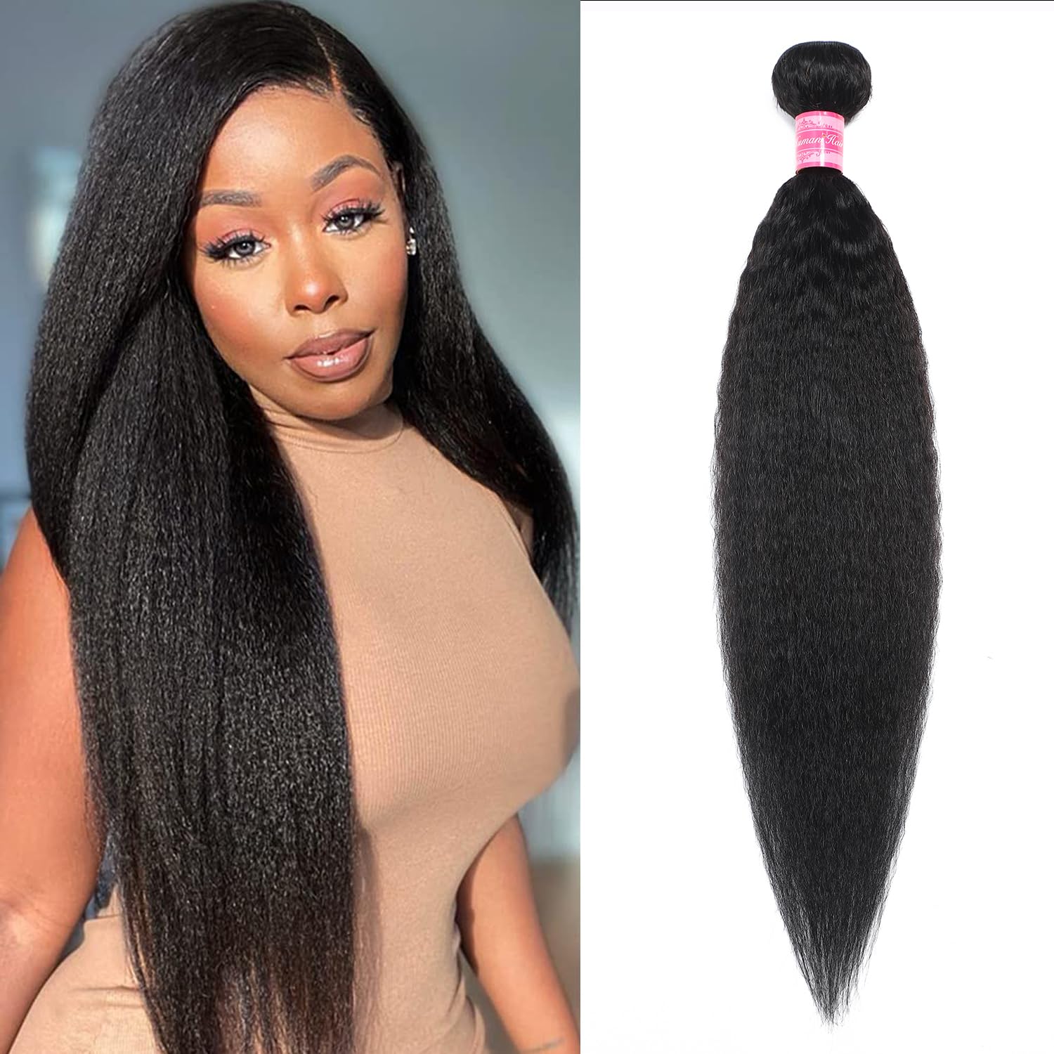 Vallbest Brazilian Kinky Straight Human Hair Bundle Unprocessed Virgin Hair Yaki Straight Human Hair Bundle Sew in Hair Extensions for Black Women 26 Inch One Bundle