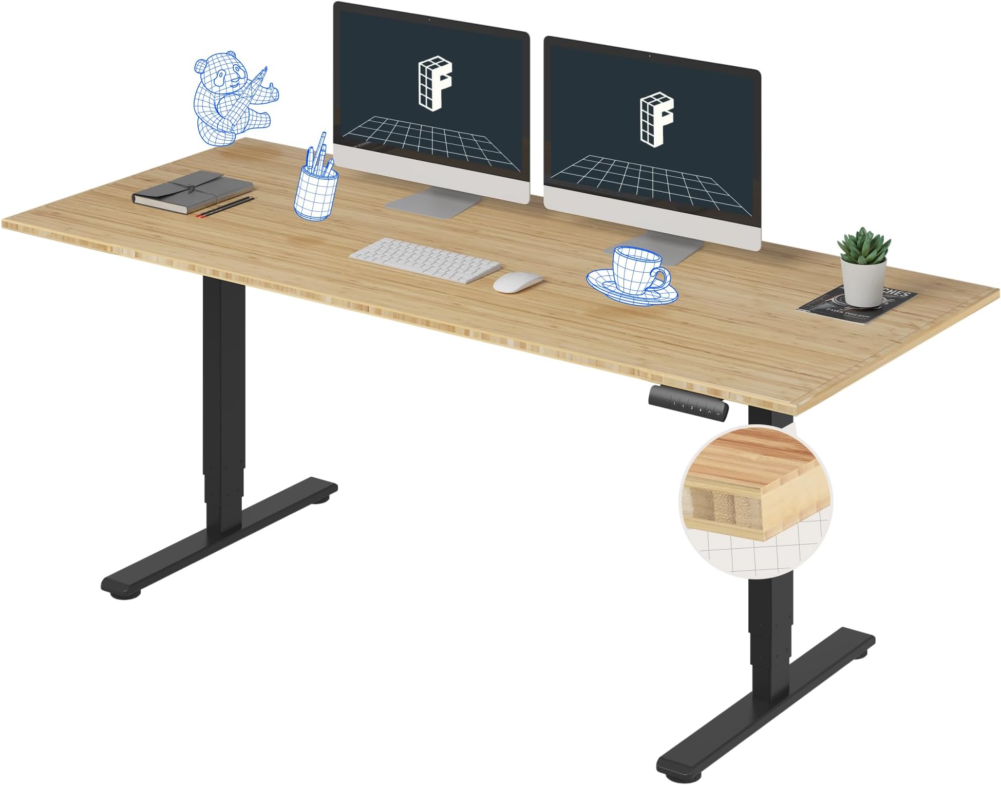 FLEXISPOT Pro Bamboo 3ステージ デュアルモーター 電動スタンディングデスク 72x30インチ 全体板 高さ調節デスク 電動スタンドアップデスク シットスタンドデスク (ブラックフレーム+バンブーデスクトップ)