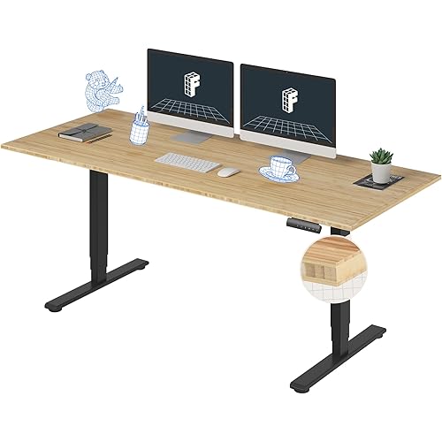 FLEXISPOT E6 Essential Bamboo 3 Stages Dual Motor 72x30 Inch Electric Height Adjustable Standing Whole-Piece Board Desk Sit Stand Up Desk (Black Frame + Bamboo Desktop)