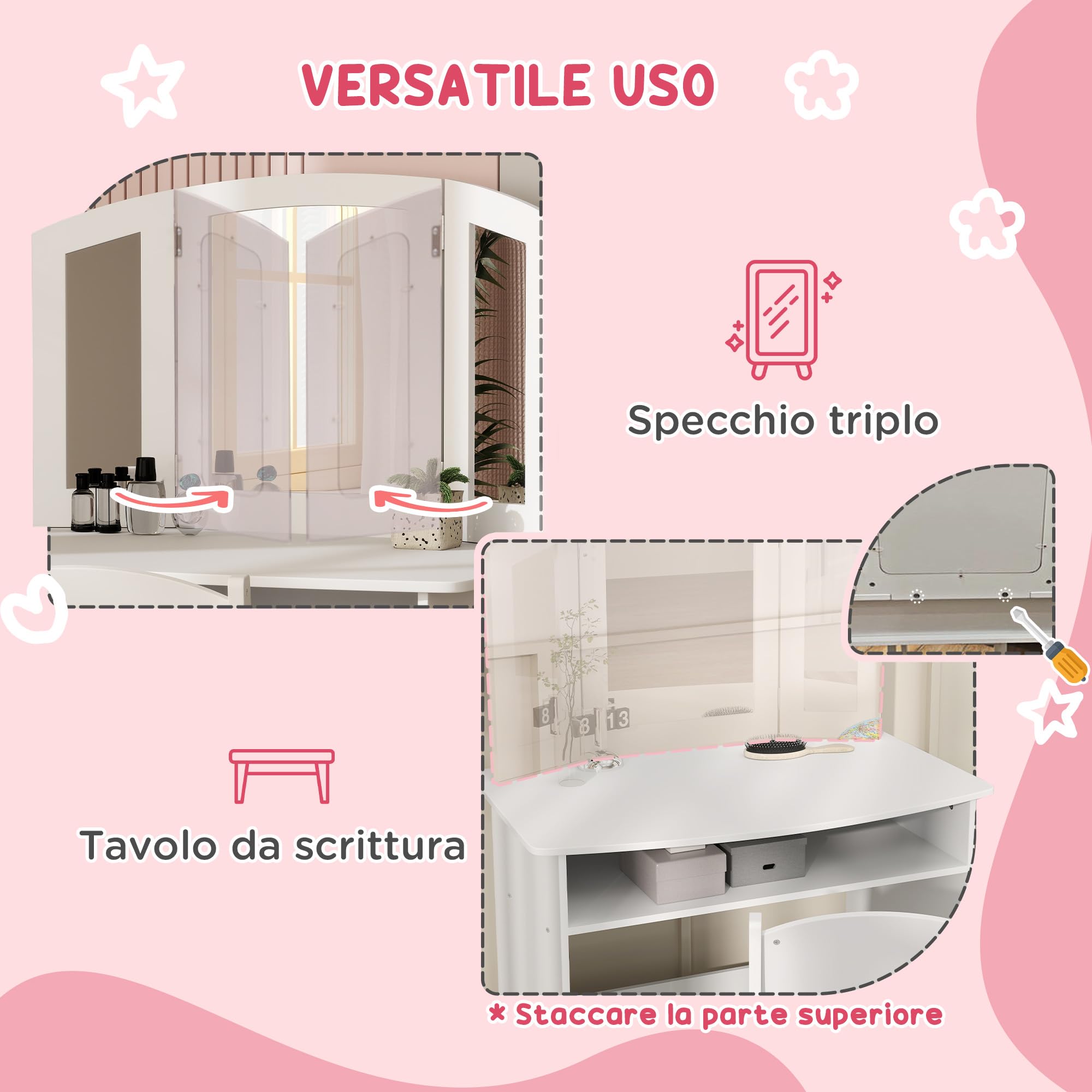 AIYAPLAY Set da Trucco per Bambini 3-6 Anni, Tavolo Toeletta con Specchio Triplo Rimovibile e Sedia in Legno, Bianco