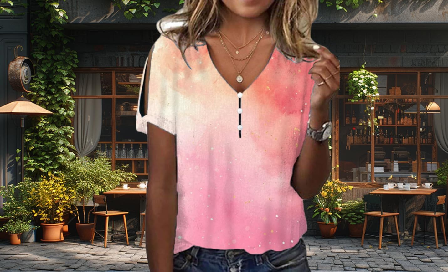 Cold Shoulder Tops for Women 2024 Marble Printing V Neck Fashion Novelty Fit Camping Tee Off The Shoulder Tops for Women - Image 3
