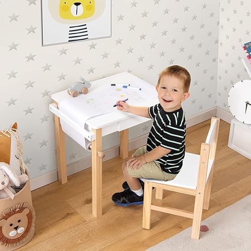 Miniatura 2 de HONEY JOY Juego de mesa y silla para niños, escritorio y silla de madera con cajón, soporte para rollo de papel y 2 rotuladores, juego de mesa de